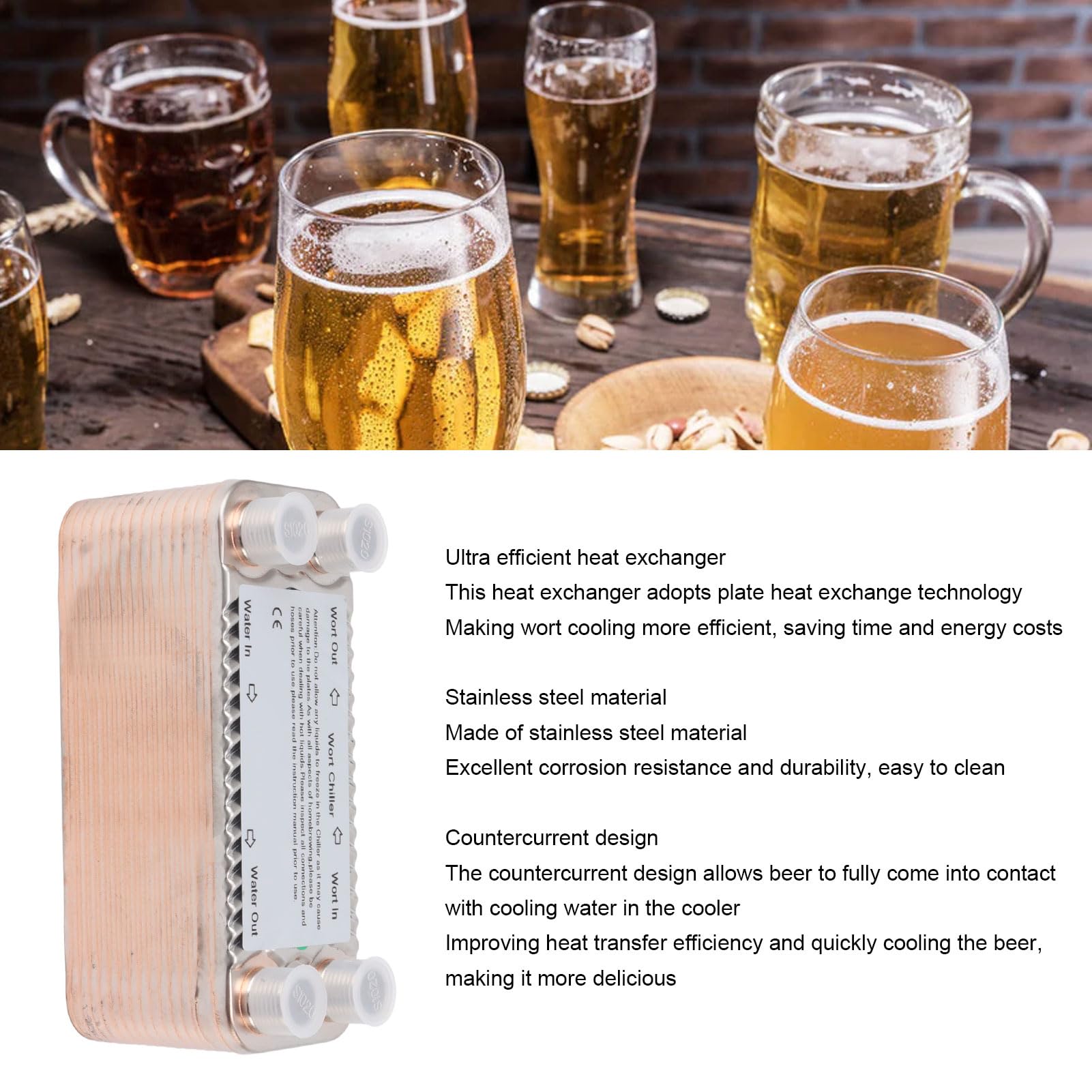 Intercambiador de calor de acero inoxidable, intercambiador de calor de 30 placas, contracorriente duradera, ultra eficiente, rosca NPT de 1/2 pulgada para fermentación comercial