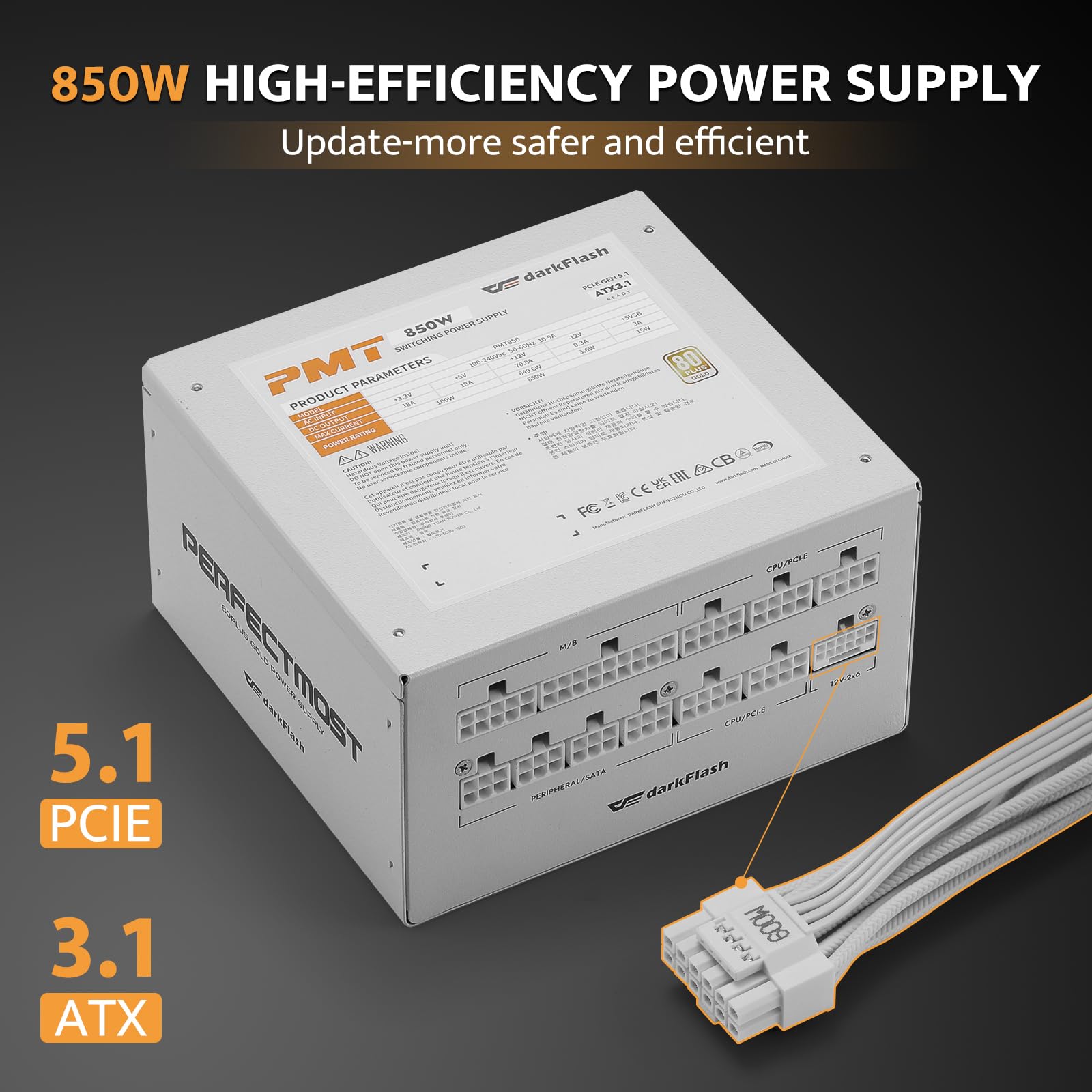 darkFlash PMT850 W pełni modułowy zasilacz ATX 3.1 i PCIe 5.1 Ready, kabel 12VHPWR w zestawie, 100% japońskie kondensatory 105°C, 80 Plus Gold Gaming PSU, kompaktowy rozmiar 150 mm, 5 lat
