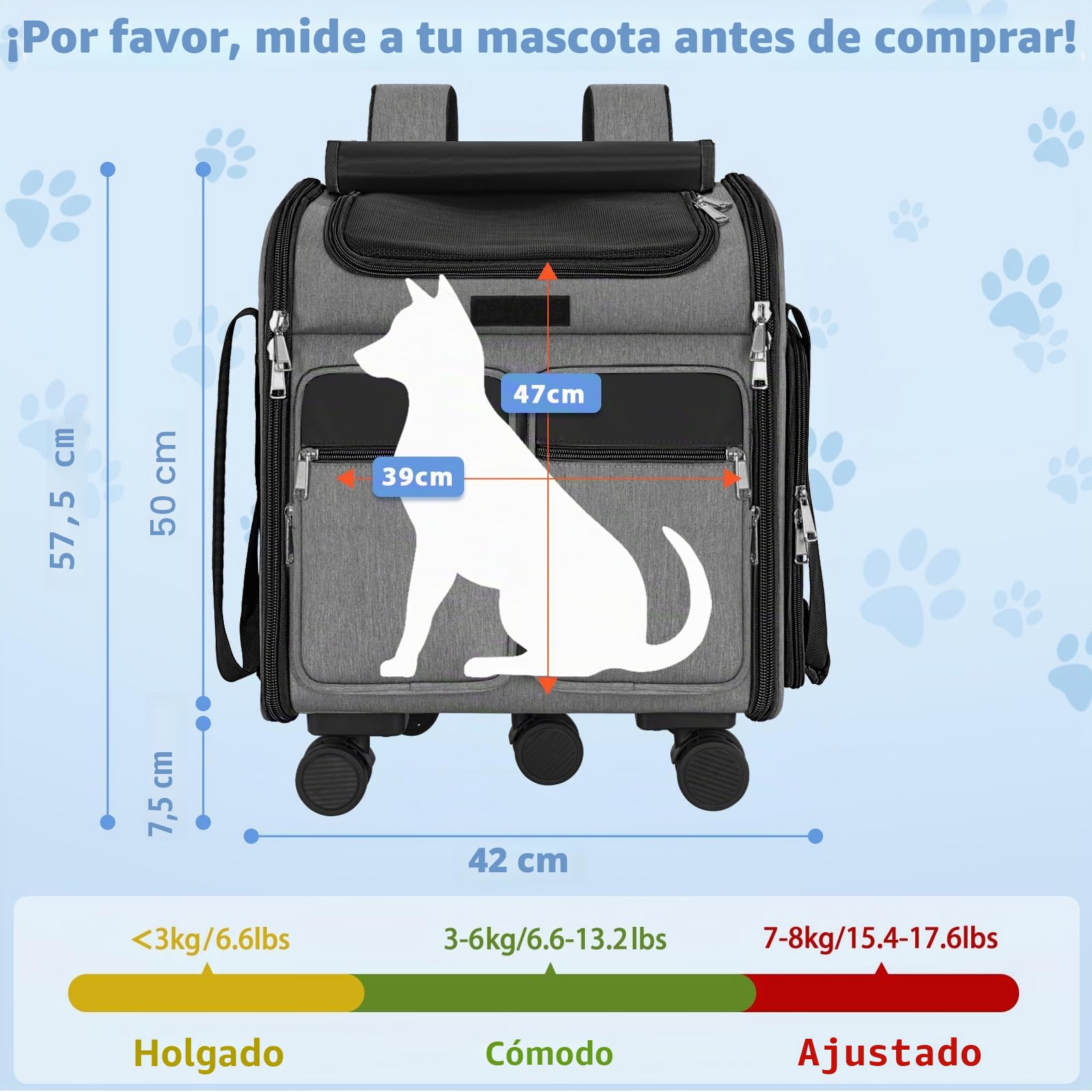 OUUTMEE Con carro 2 en 1 hasta 20 kg, mochila para gatos grande con ruedas, mochila multifuncional, transpirable, gris