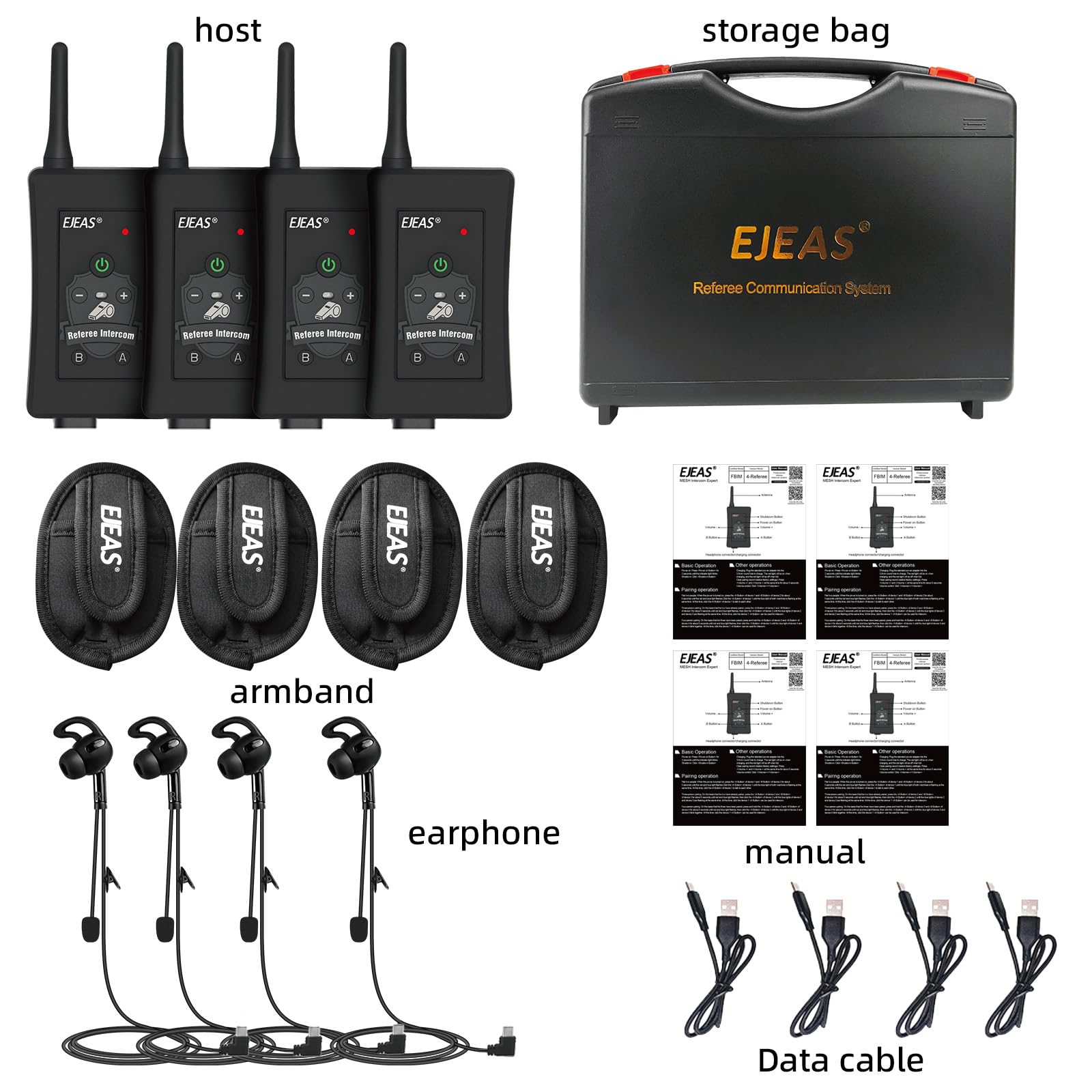 EJEAS FBIM Professionelles Fußball Schiedsrichter Bluetooth Intercom Headset Kommunikationssystem mit CVC-Rauschunterdrückung und Box Handtasche für 4 Schiedsrichter Intercom (4 Packung)