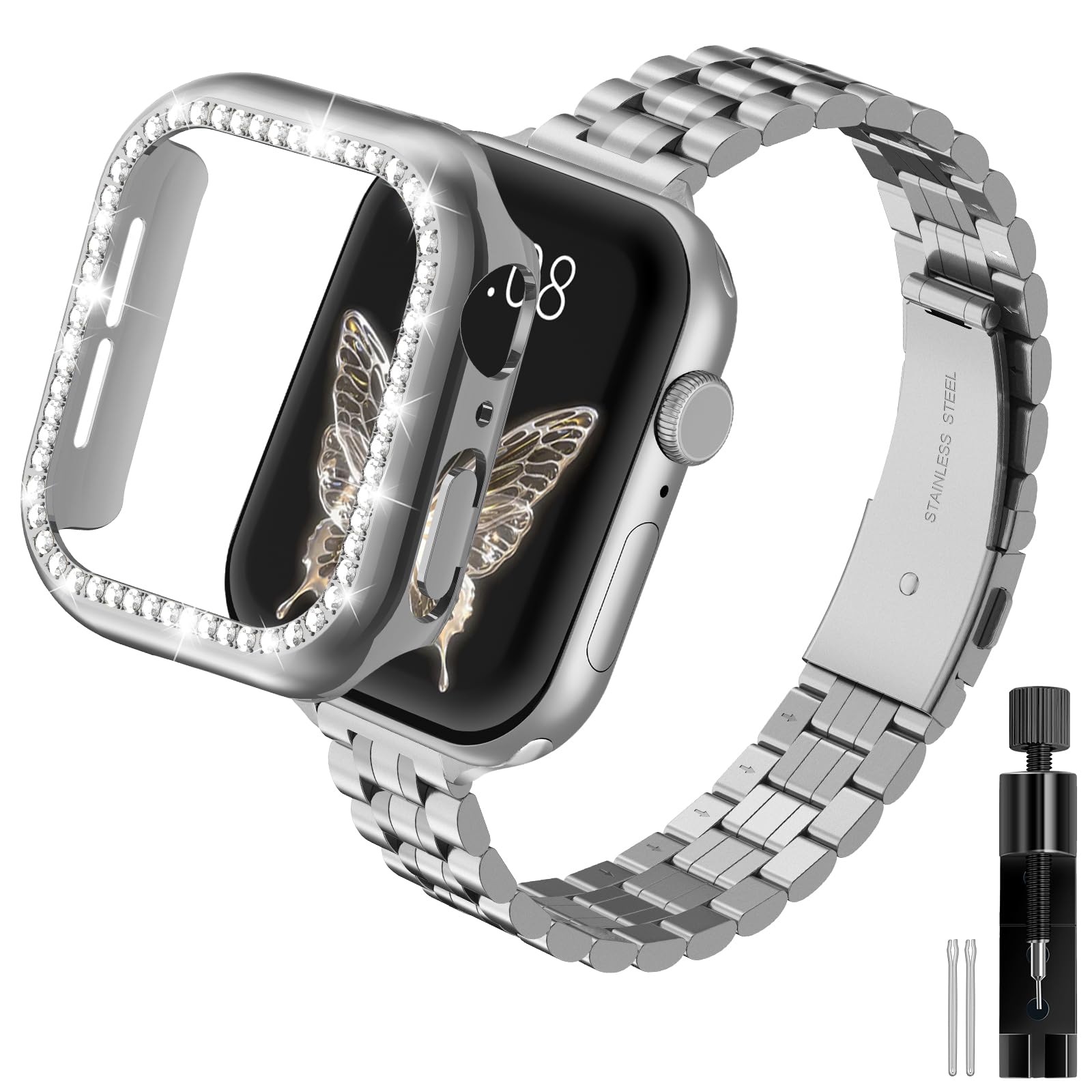 Gold Solid Stainless Steel Metal Band Compatible Apple Watch 46mm 45mm 44mm 42mm 41mm 40mm 38mm, Bling Diamond Case for iwatch Strap Bands for Women &