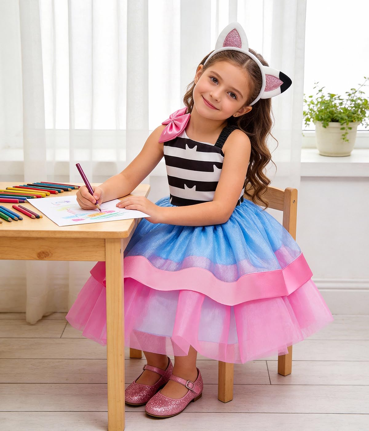 Cat Rainbow Costume for Girls Kids Princess Birthday Tutu Outfit with Headband Bag Easter Dress up