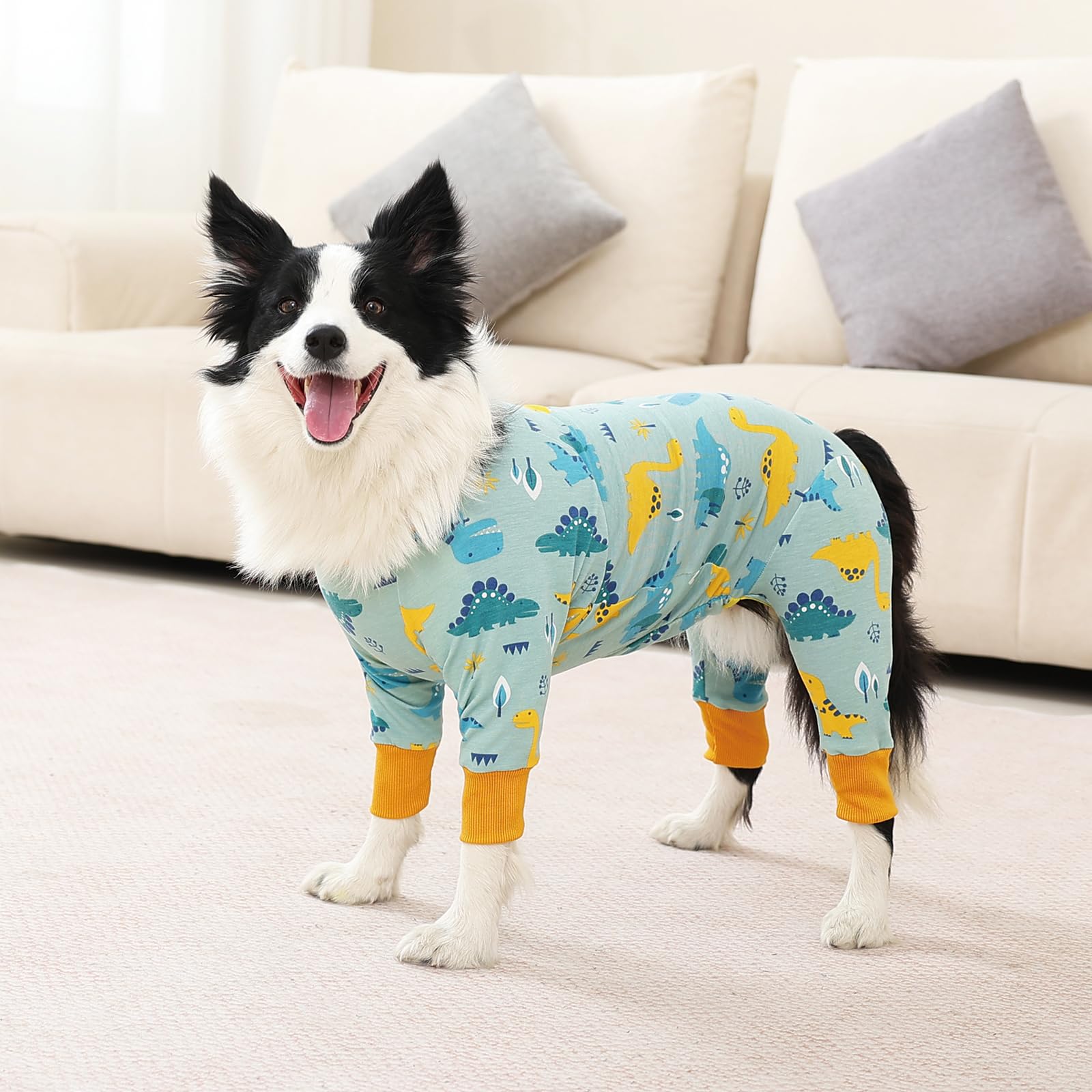 FEimaX Traje de Recuperación para Perros Después de la Cirugía, Body Postoperatorio para Perro Grande y Mediano, Protector de Heridas Abdominales para Perros Hembras y Machos (M, Dinosaurios)
