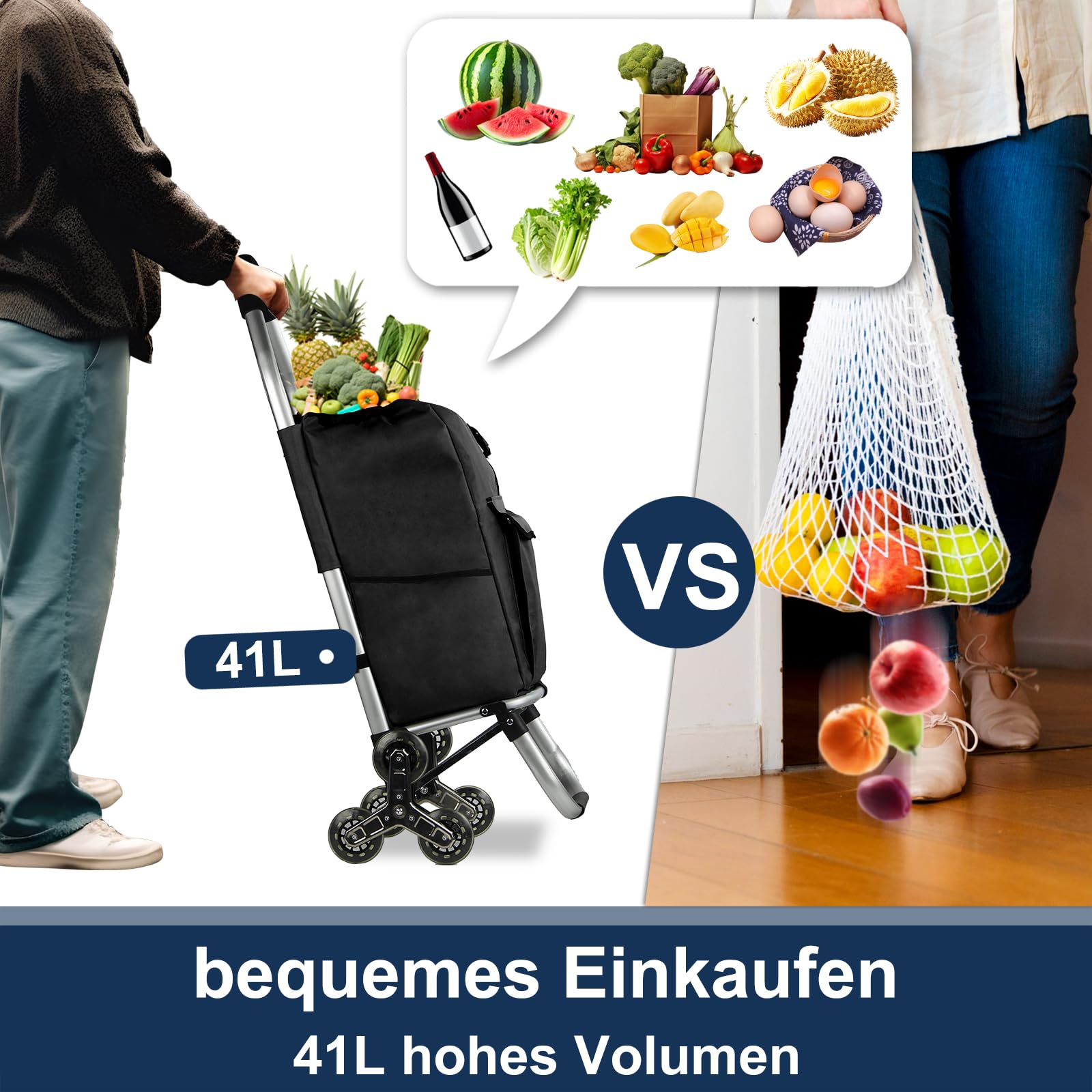 HOMELUX wózek na zakupy, składany, stabilny wózek na zakupy, duża pojemność 41 l, wielofunkcyjny, wózek ręczny z kółkami, zdejmowana torba, trójkątne koła, czarny 244