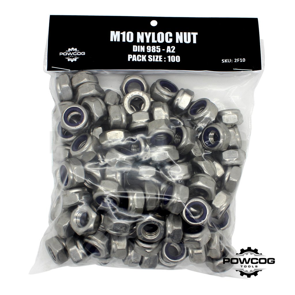 Powcog M10 Nyloc Nut - A2 Stainless Steel Lock Nuts Grade 304 Metric - Din 985 - By Powcog® - Pack Of 100