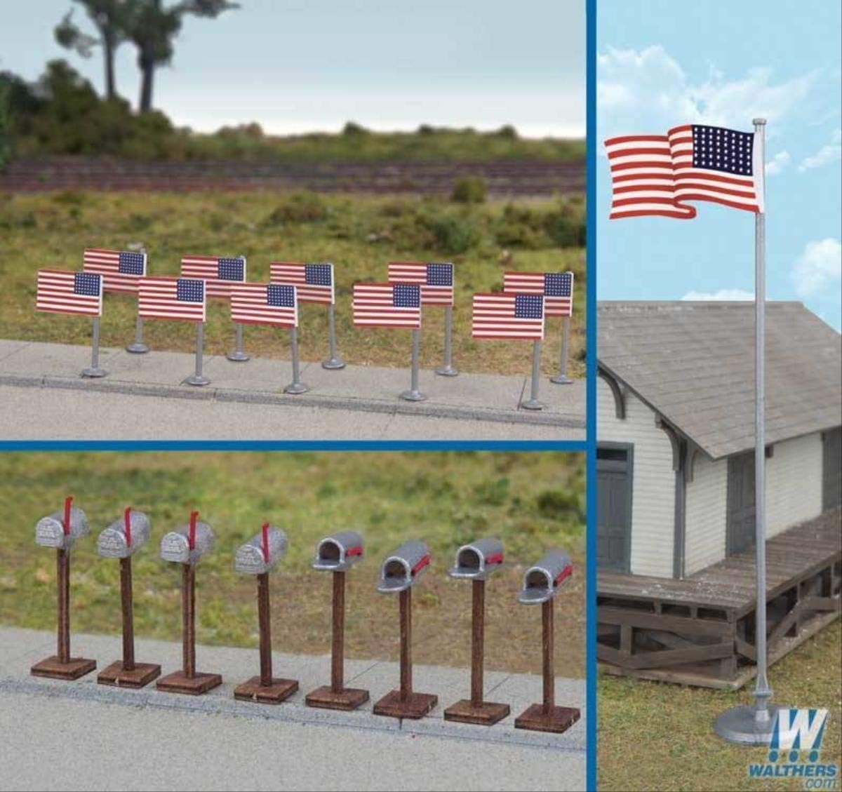 Walthers SceneMaster HO Scale Scenery Set 48-Star American/US Flags/Mailboxes