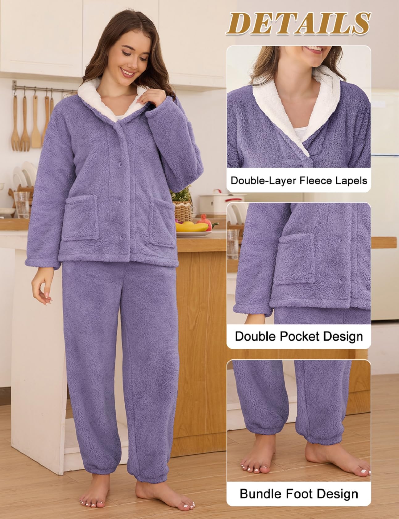 Ensemble de pyjama pelucheux pour femme en polaire douce 2 pièces – Chemise de nuit chaude et moelleuse – Vêtement de nuit en peluche
