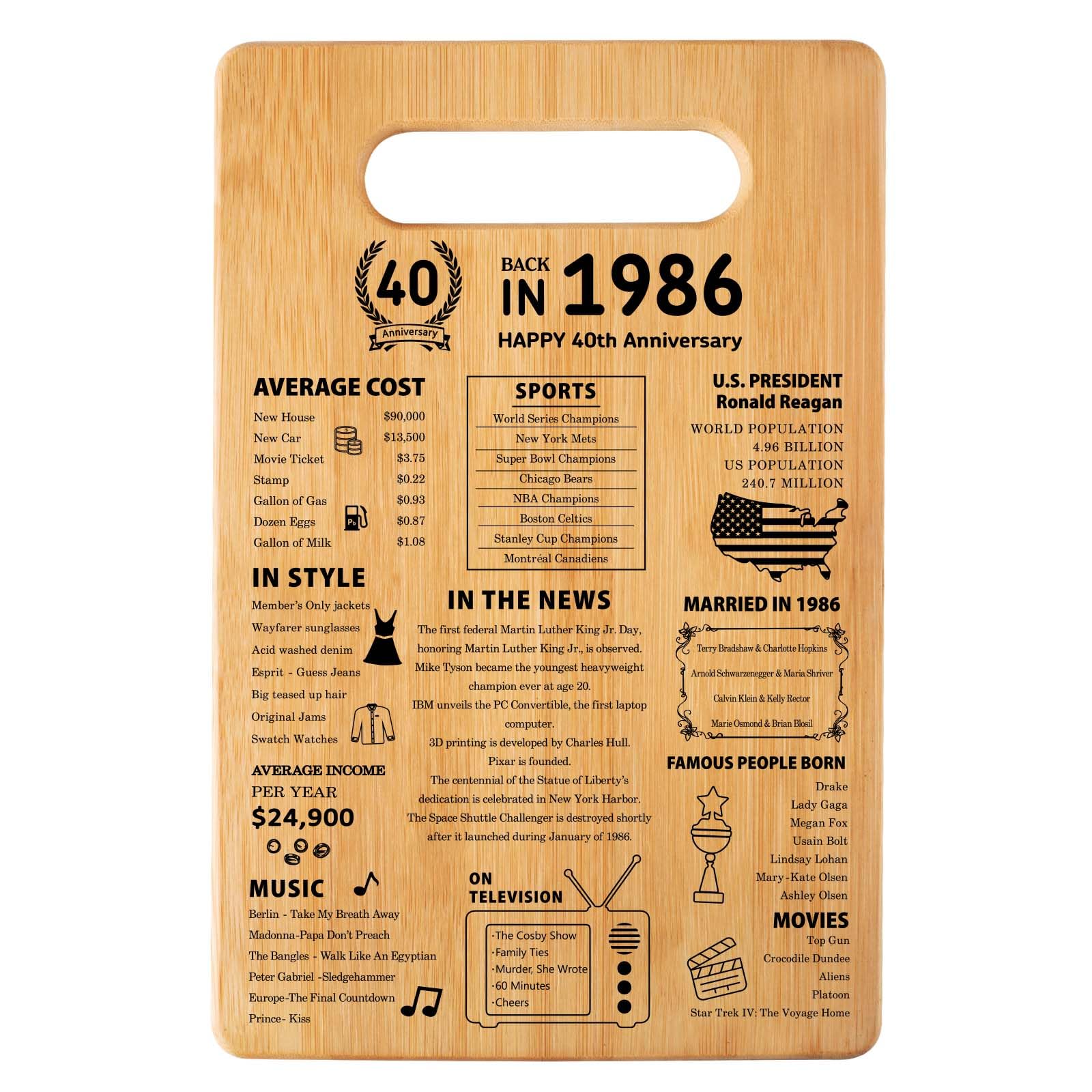 40th Wedding Anniversary Cutting Board Gifts for Women Men Marriage Gifts for Couple 1986 Poster Back In 1986 40th Anniversary Decorations 100% Organic Bamboo Pre Oiled 11"L x 7"W x 0.5"Th