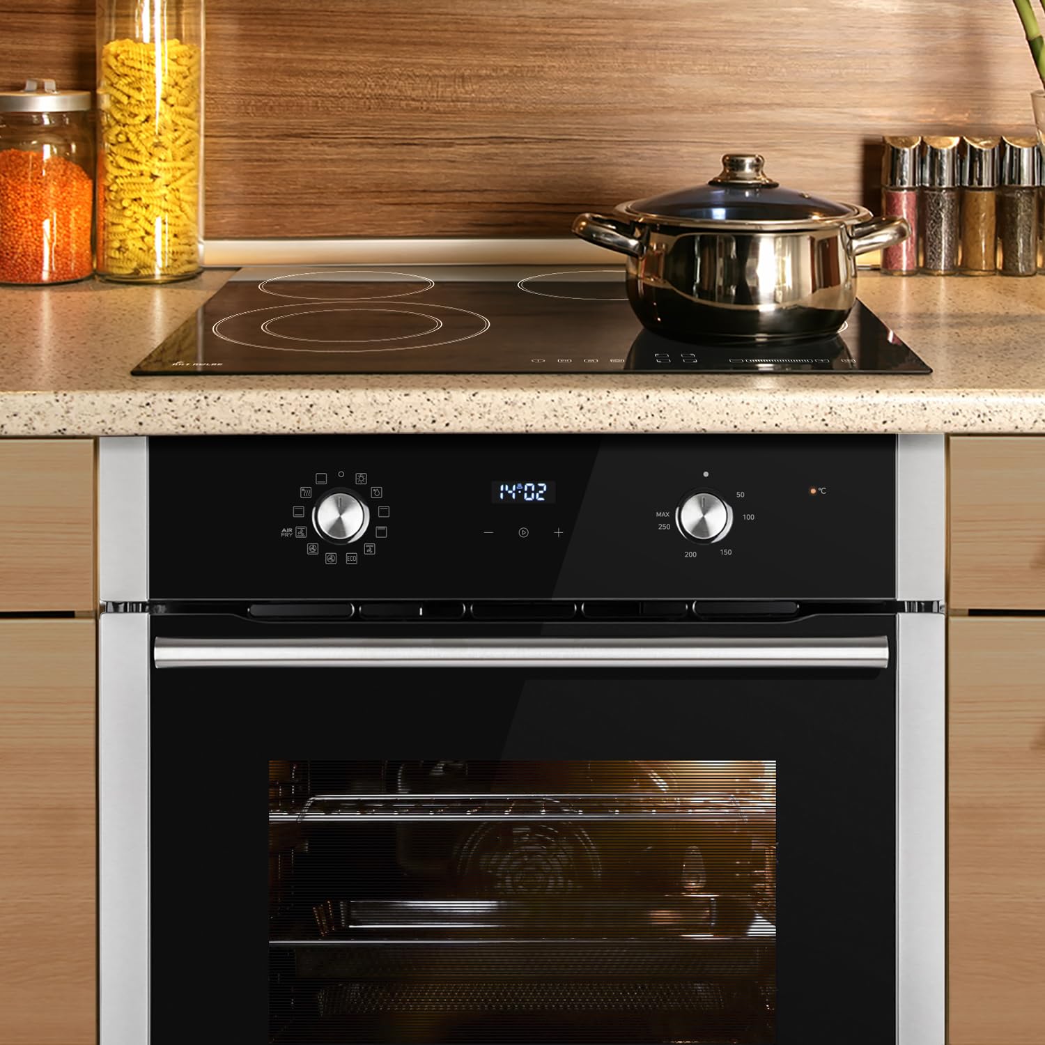 Kuchenka: 60cm piekarnik do zabudowy BO8810SS + 59 cm płyta ceramiczna CH5901RL | grill | gorące powietrze | teleskopowe elementy wyciągowe | automatyczny timer | SET8810CH59RL