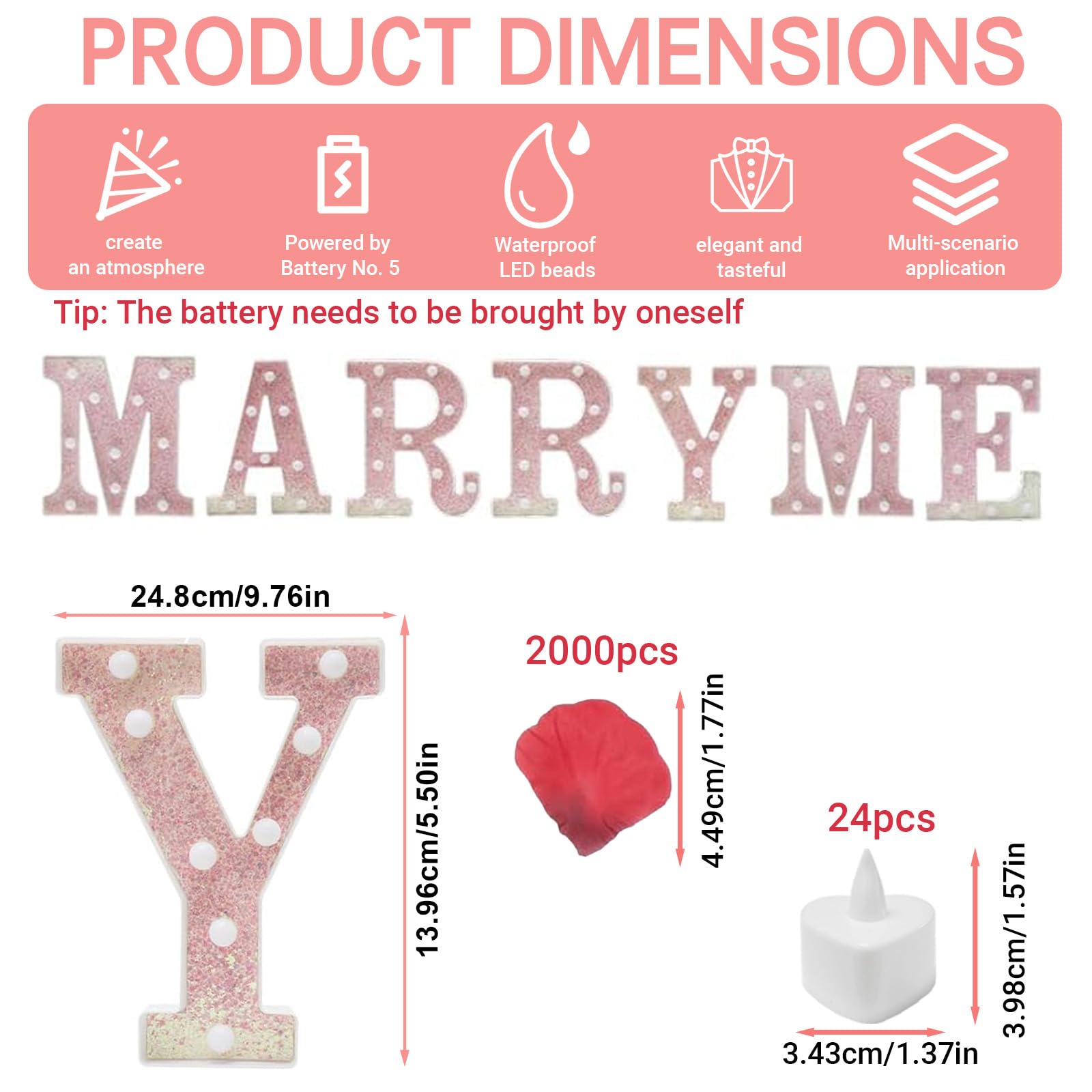 2031 pezzi rosa MARRY ME lettere luminose come decorazione per proposte di matrimonio, 2000 petali di rosa, cartello MARRY ME con 24 candele a cuore senza fiamma, per proposte di matrimonio