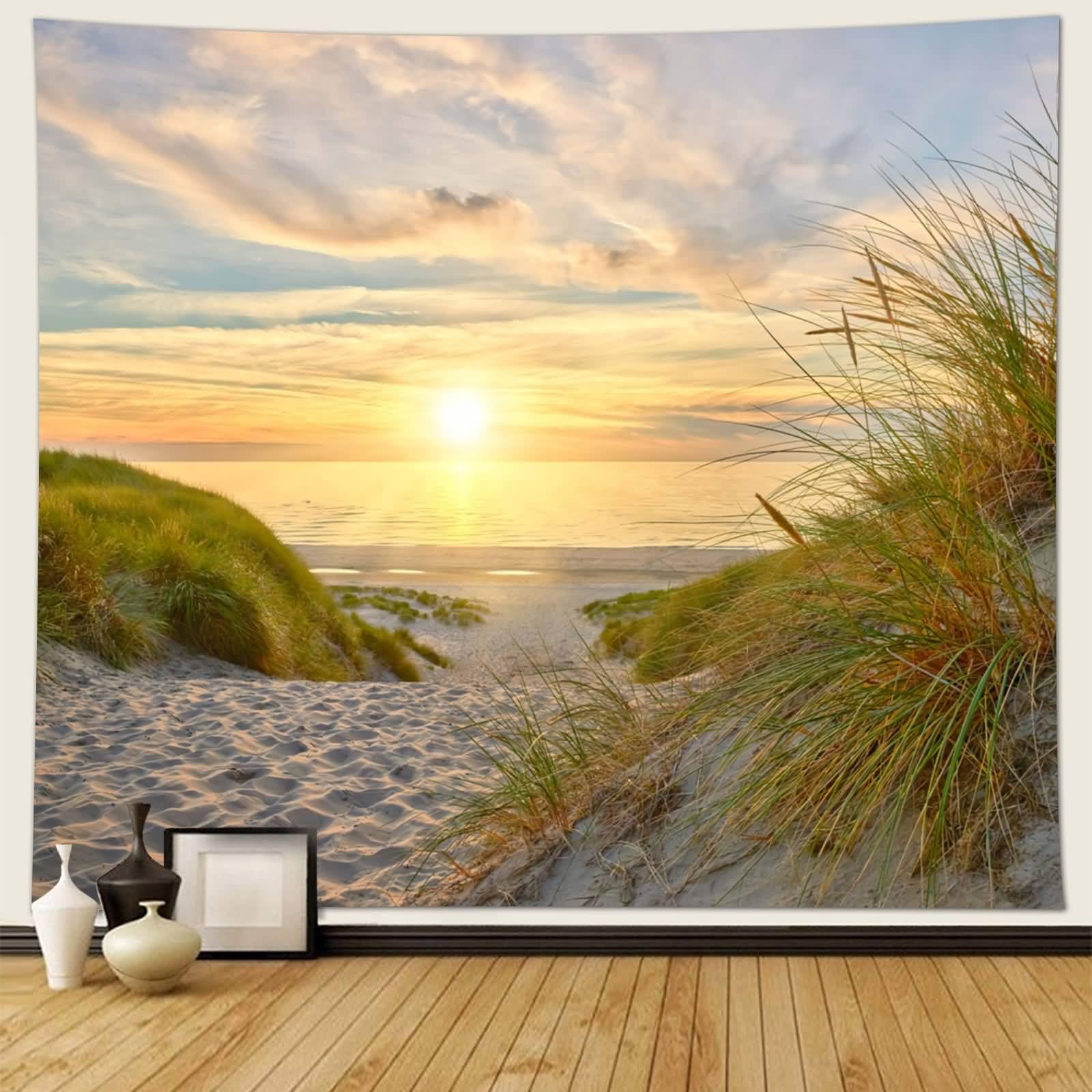 Musihy Tapisserie murale - Motif paysage de mer - 300 x 256 cm - Scène de coucher de soleil sur la mer - Pour salon, décoration d'intérieur - Jaune/vert/beige