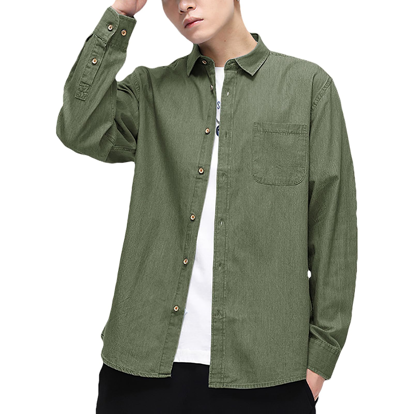 Hombre Algodón Camisa Vaquera de Manga Larga con Botones Informal