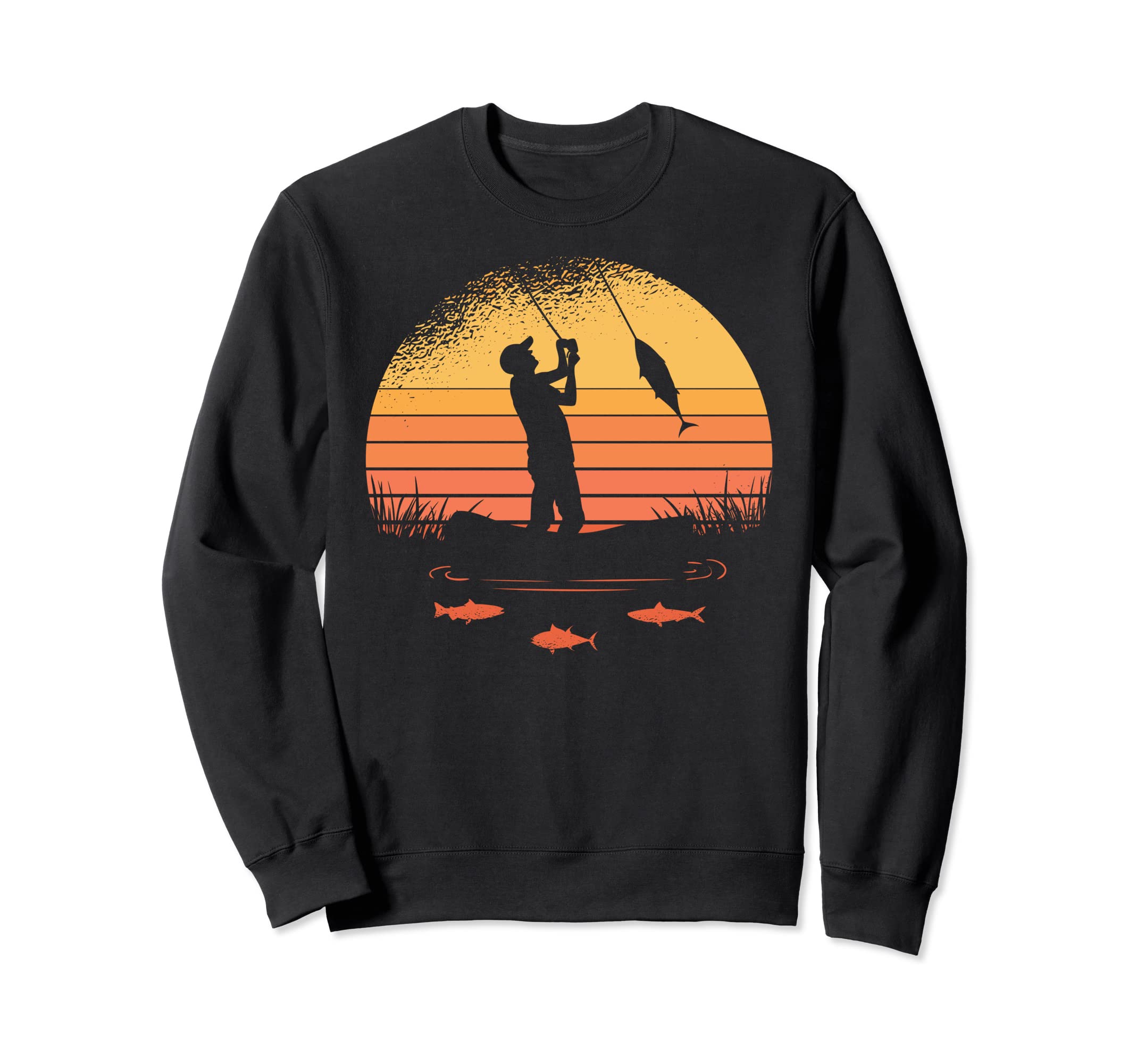 Fishing Silhouette Retro Vintage Sunset Fish Pole Fisher Sweatshirt, Black