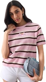 The Souled Store Open Knit T-Shirt: Pink Panther Women and Girls Short Sleeves Round Neck Striped Embroidered Cotton Relax... Price In India