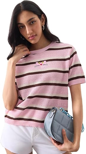 The Souled Store Open Knit T-Shirt: Pink Panther Women and Girls Short Sleeves Round Neck Striped Embroidered Cotton Relax...