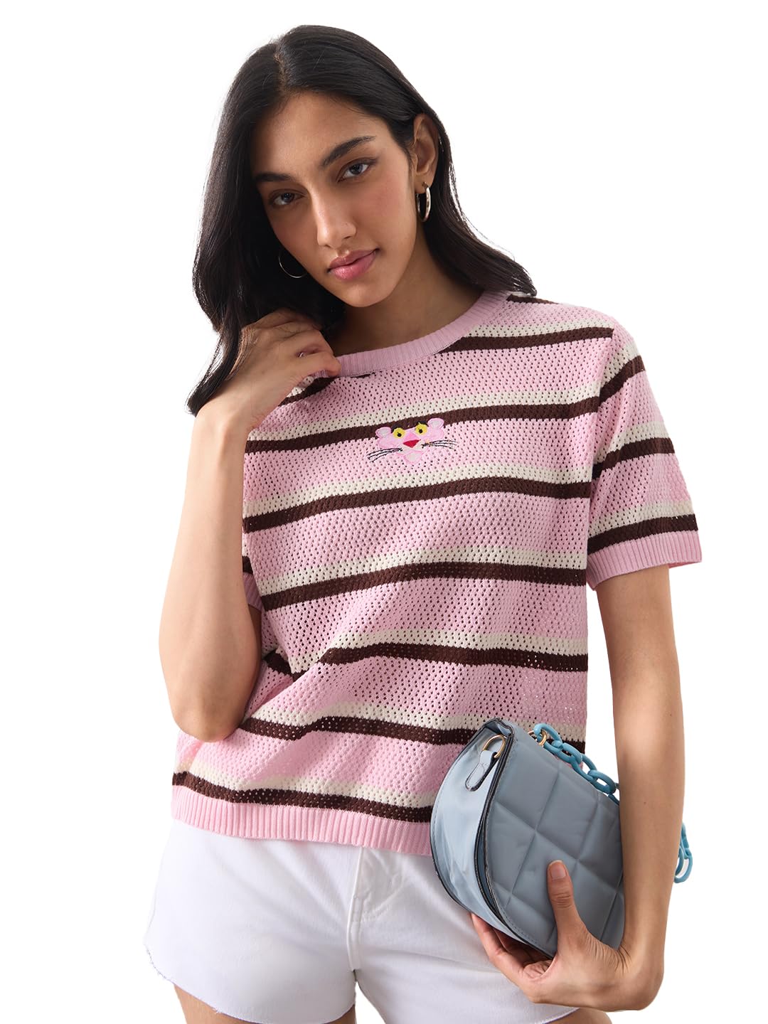 The Souled Store Open Knit T-Shirt: Pink Panther Women and Girls Short Sleeves Round Neck Striped Embroidered Cotton Relax... - Review, Price and Buying Guide