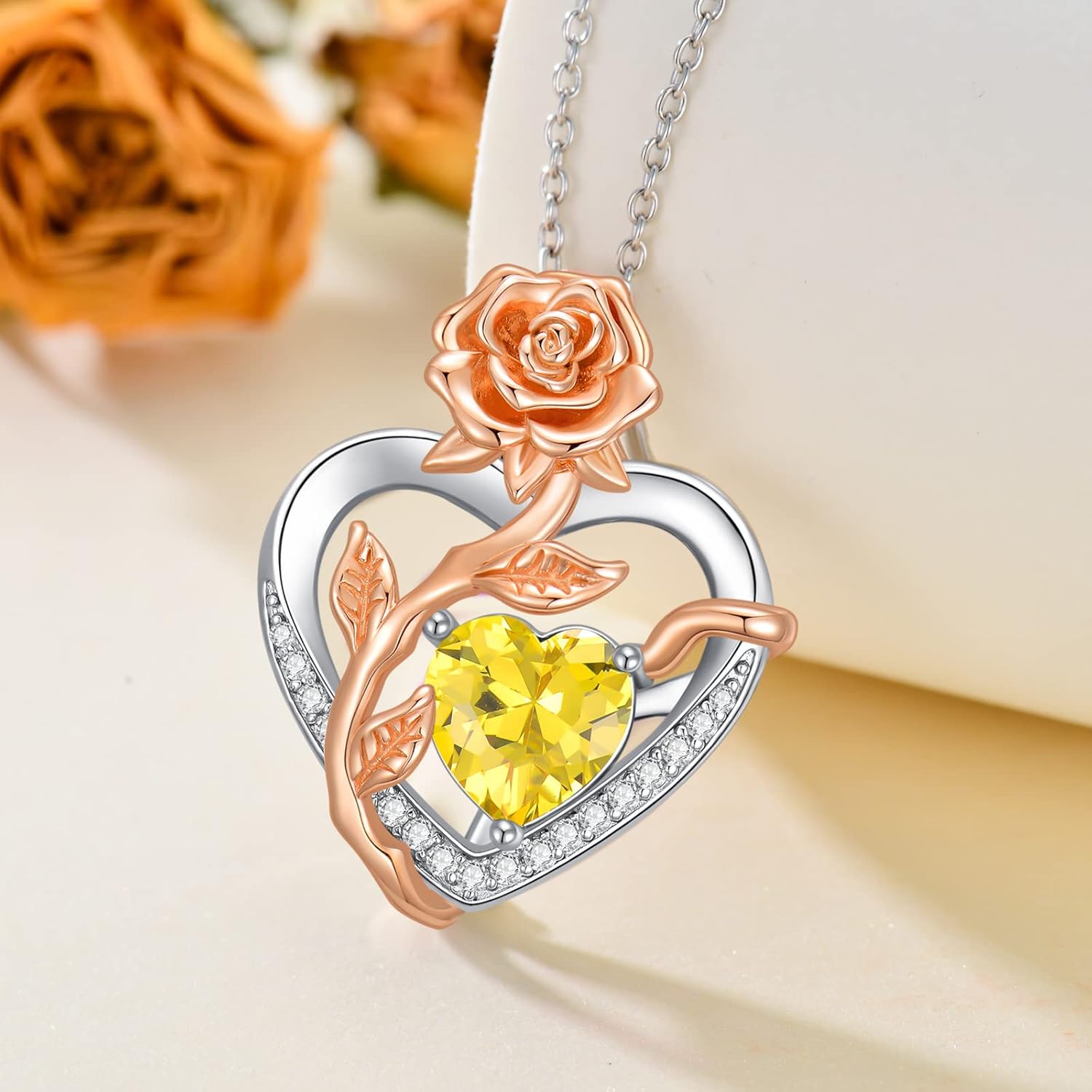 OCJ Birthstone Necklace for Women 925 Sterling Silver Rose Flower Heart Pendant Necklaces Anniversary Jewelry Birthday Christmas Gifts for Her Wife Girlfriend - Image 4