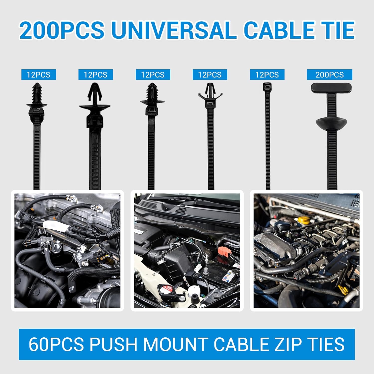261pcs Heavy Duty Self-Locking Nylon Cable Ties Kit UV Resistant, 60 Wire Harness Clips
