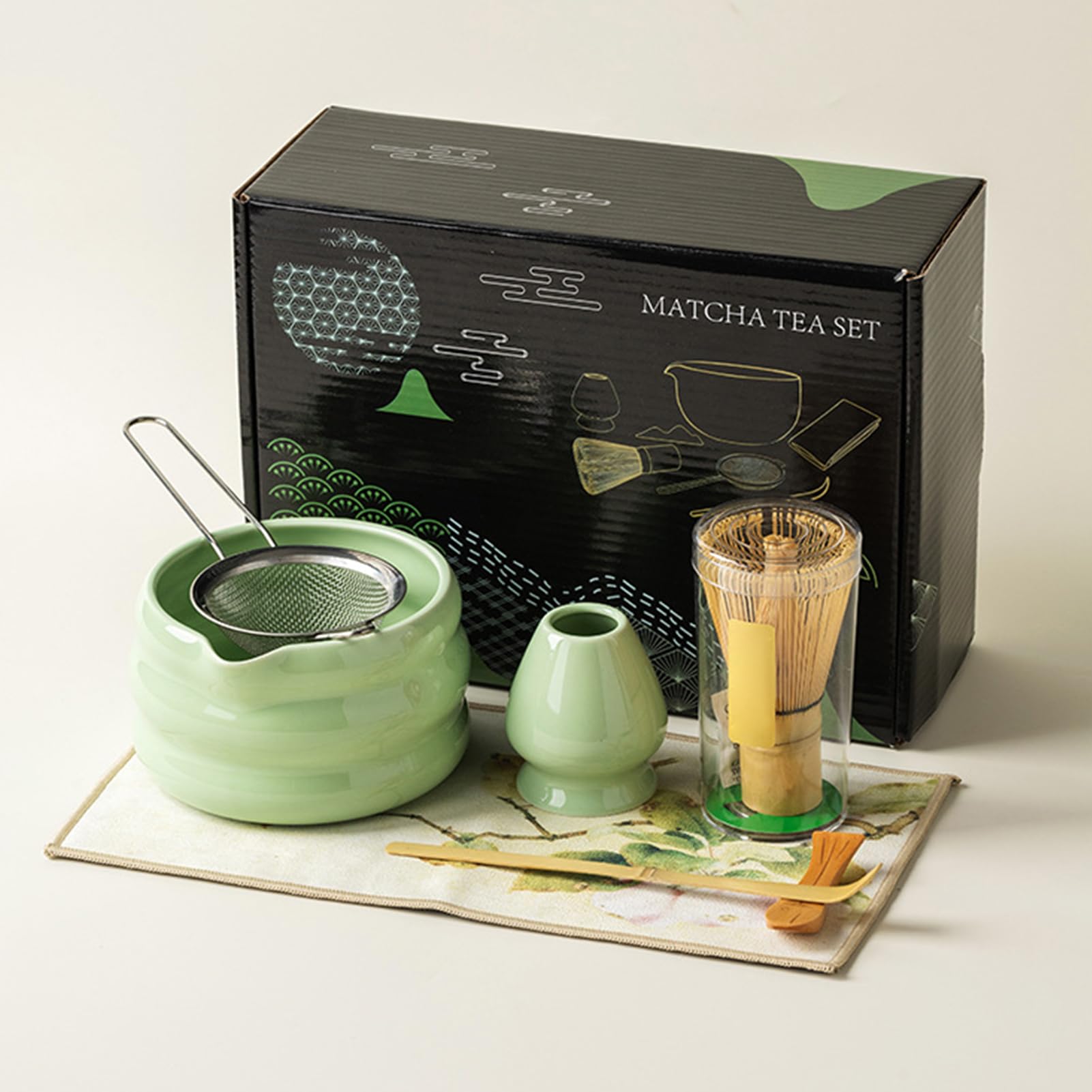 Zubehör Für Die Matcha-Zeremonie, Matcha Set Aus Matcha Besen,matcha Schale,matcha Sieb,Löffel Und Besenhalter, Matcha Besen Set, Matcha Schneebesen Set, Matcha Zubehör (dunkelgrün)