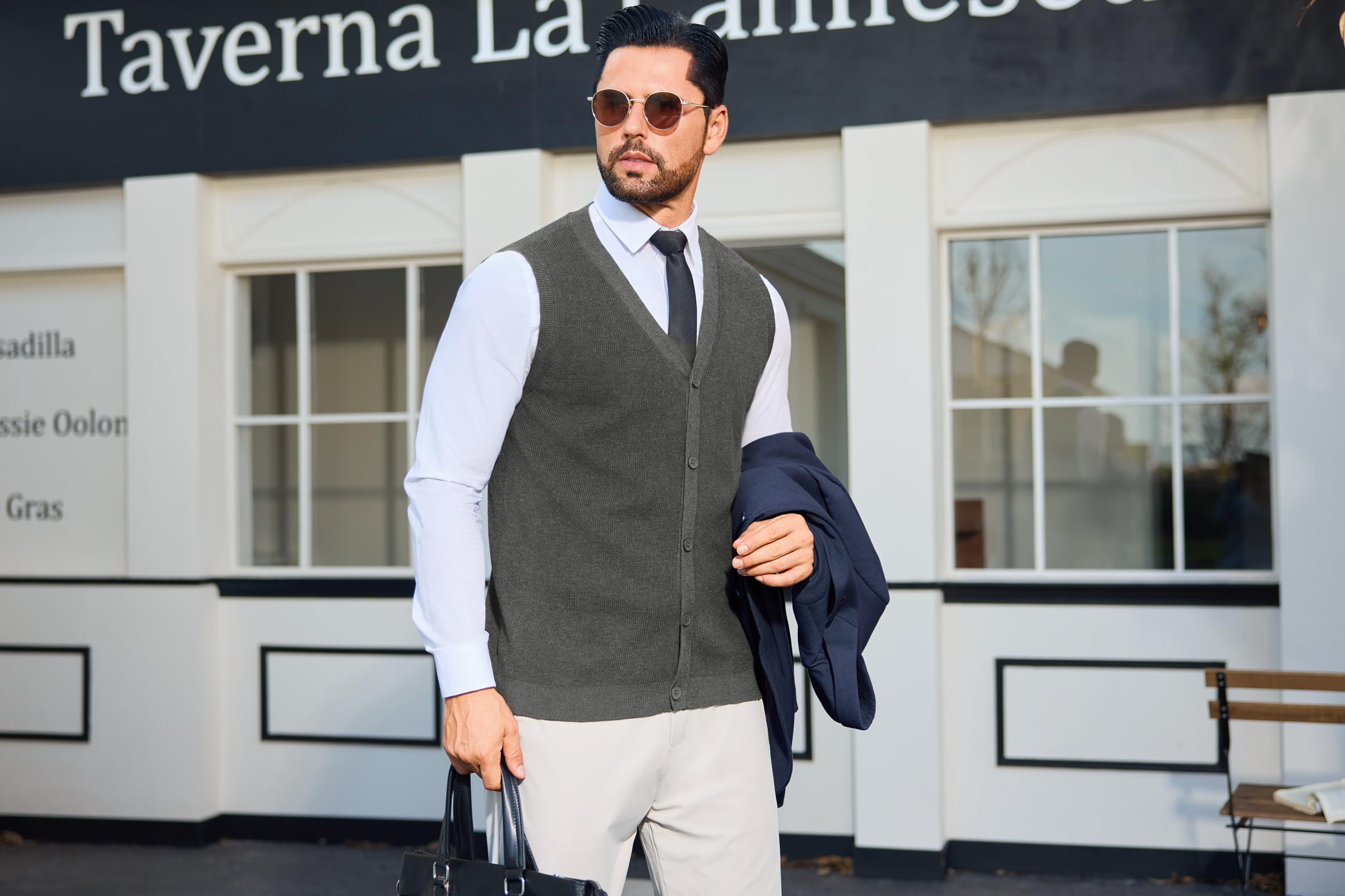 Sykooria Chaleco de Punto con Cuello en V Sin Mangas para Hombre Suéter Tejido Ligero y Elegante con Botones S-XXL