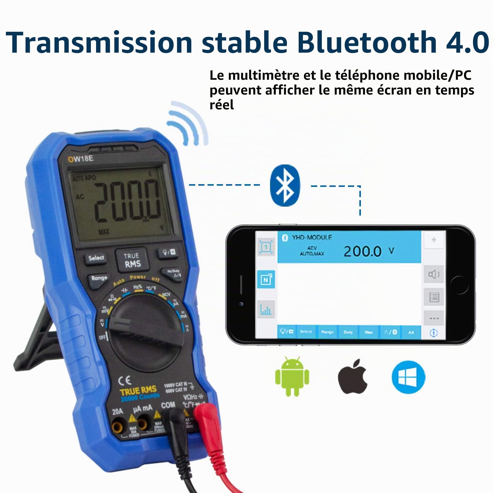 owon OW18E Multimètre numérique Bluetooth, 20000 comptages multimètres, Voltmètre Ampèremètre Ohmmètre Vérificateur de circuit avec fils de test LCD rétro-éclairés, Enregistreur de données T-Rms NCV
