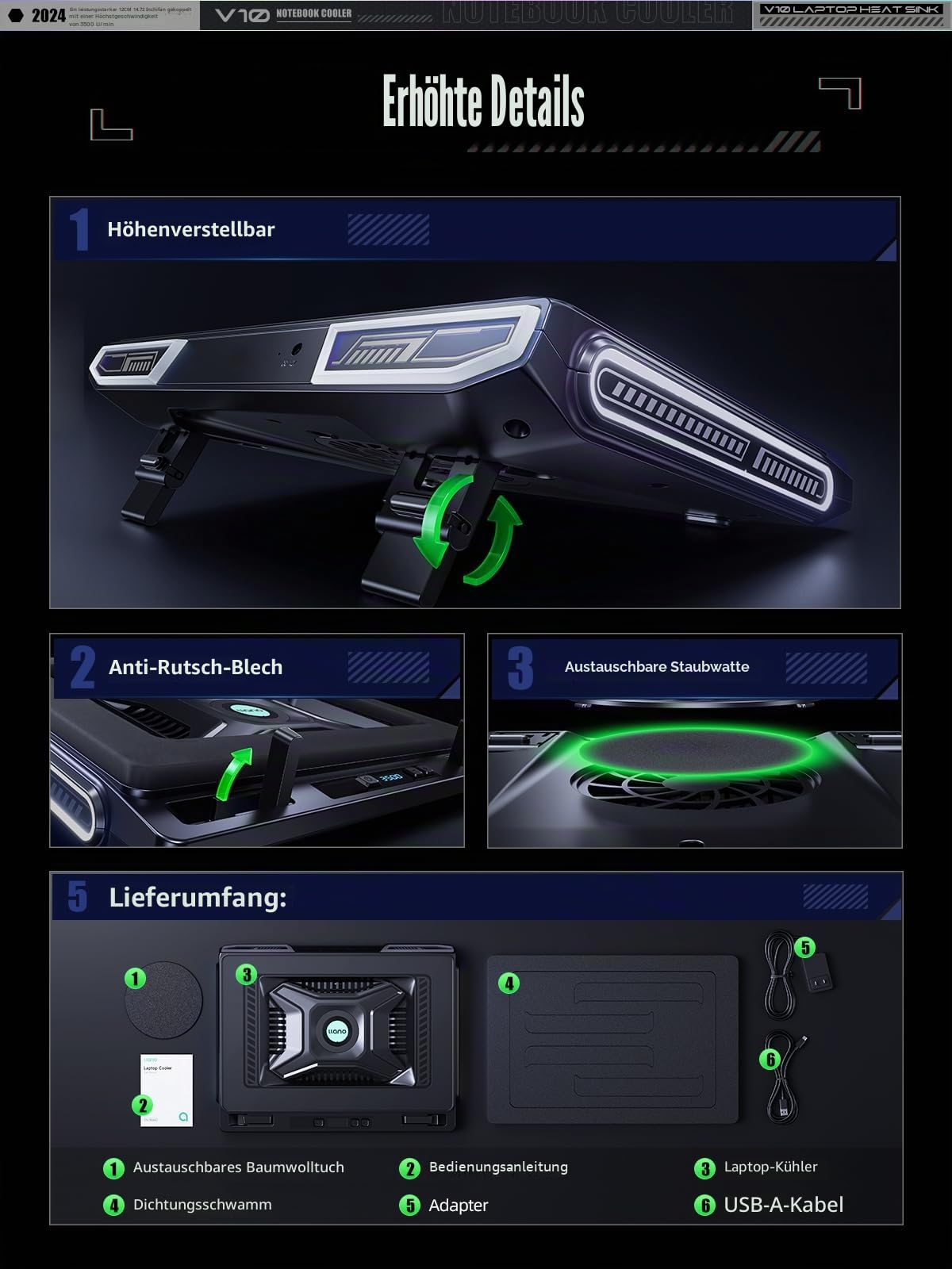 llano Gaming Laptop Kühler Kühlpad mit 3500RPM Turbofan 4,72'' externem Lüfter Ständer verstellbare Geschwindigkeit Tastensteuerung Dichtschaum schnelle Kühlung Laptops 13-17,3'' KEIN RGB NO Ports