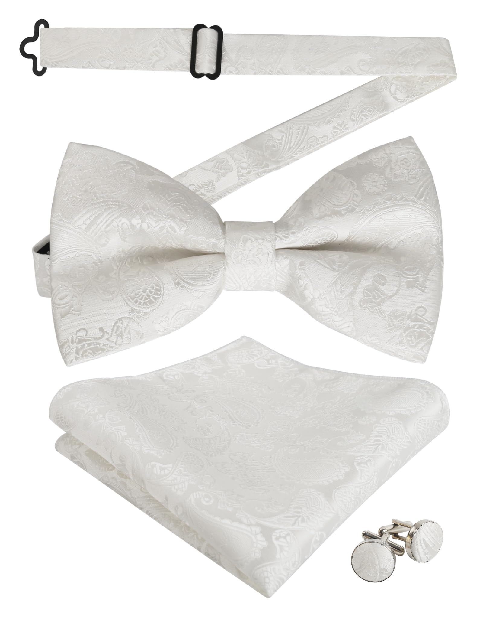 Alizeal Mens Paisley Bow Tie, Pocket Square, Cufflinks Set (White)(Size: One Size)