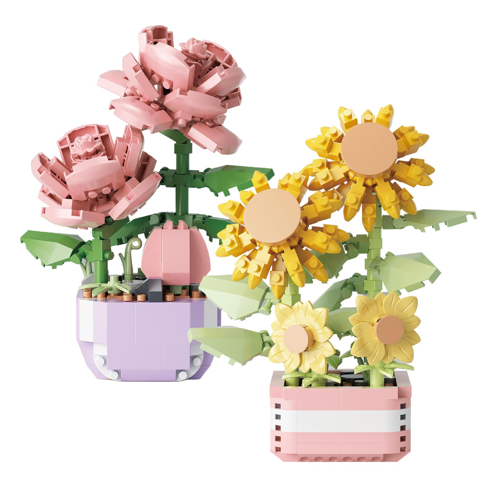 CYIOU 2 Pieces Mini Flowers Building Blocks Set Artificial Potted Flowers Blocks Botanical Collection Flower Home Decor for Adults Kids Ages 7+ (Rose 317 Pcs Sunflowers 367 Pcs)