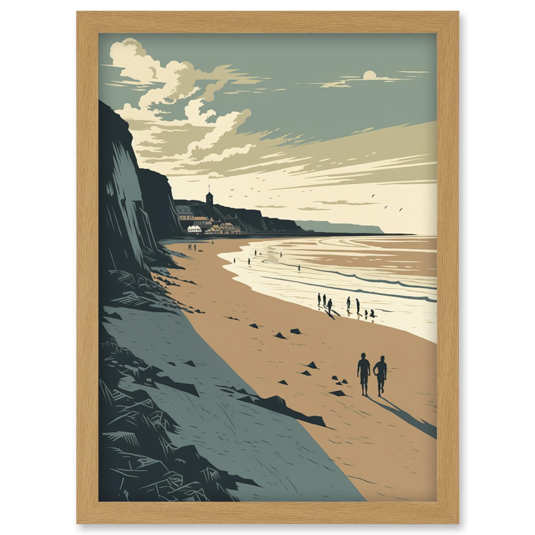Artery8 People Walking on Filey Beach Coastal Illustration Artwork Framed Wall Art Print A4