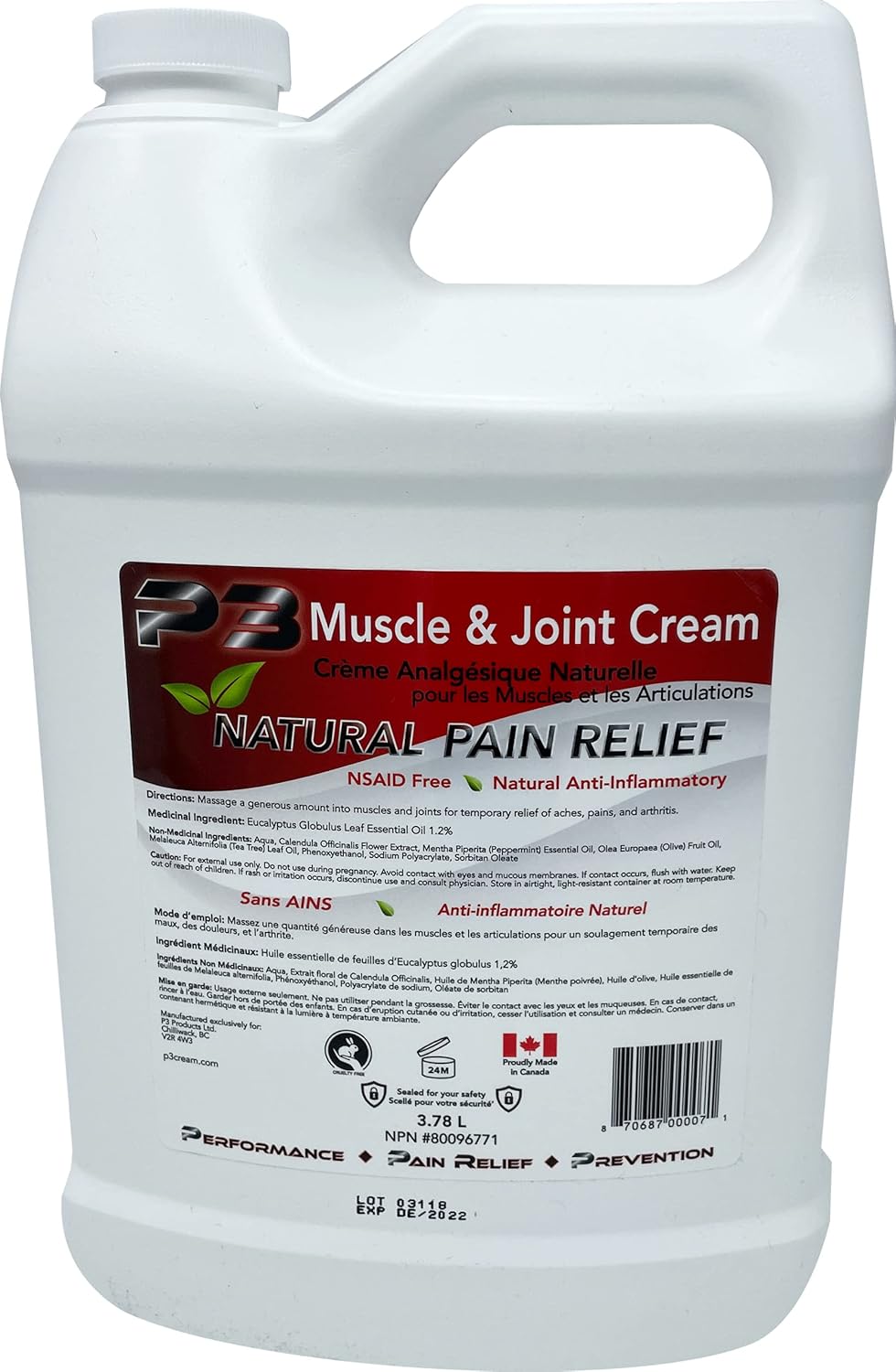 3.78L P3 Muscle & Joint Cream Sustainably sourced, safe for all ages