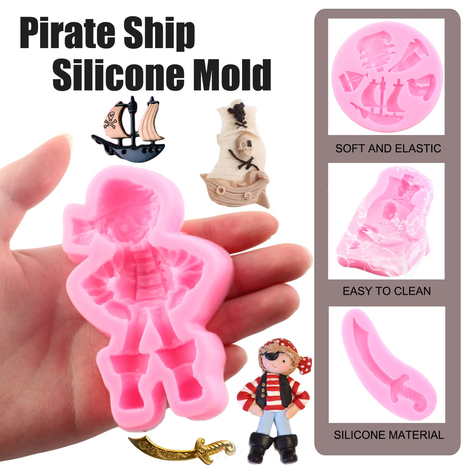 Mujiang Pirate Silicone Molds Pirate Ship Fondant Mold Sailboat Mold Sword Chocolate Mold For Cake Decorating Cupcake Topper Candy Polymer Clay Gum Paste Set Of 4 - Image 2