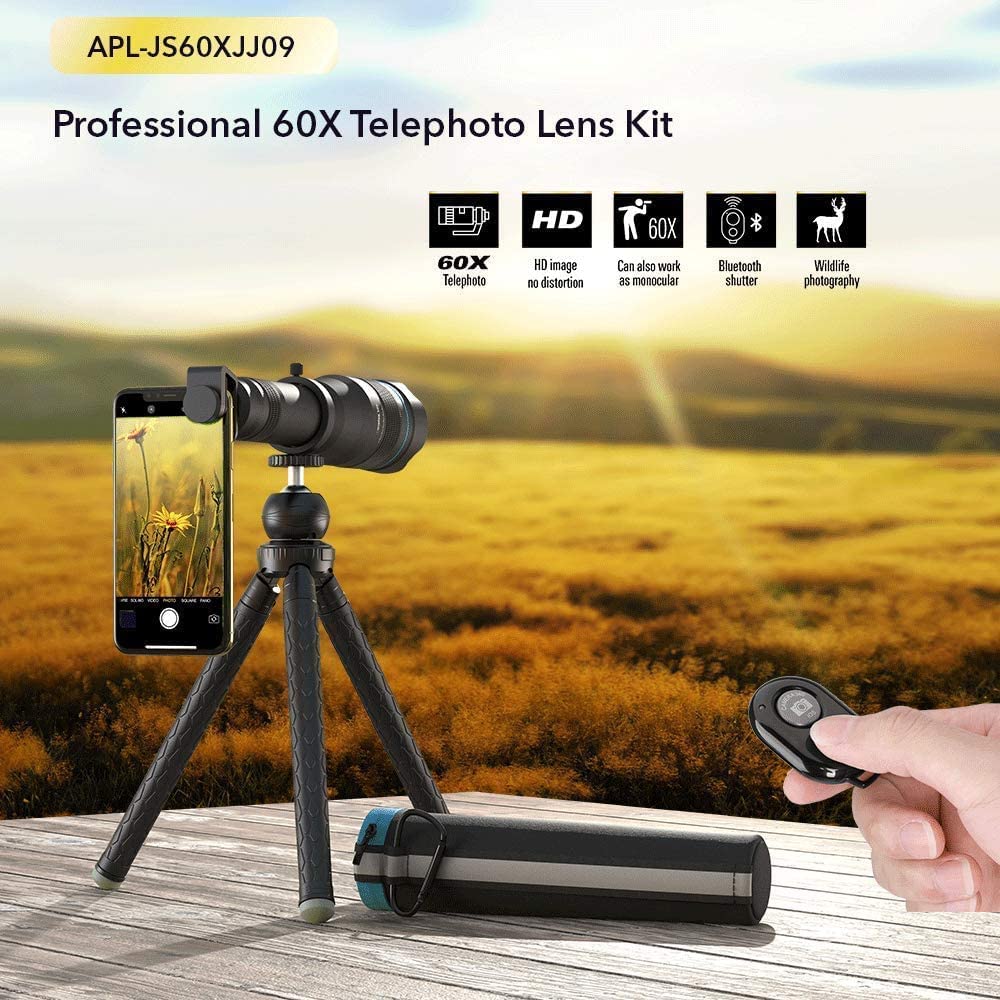 APLJS60X HD 60X lente de teléfono profesional lente telescopio lente de zoom astronómico para la mayoría de teléfonos inteligentes con soporte de trípode extensible, controlador bluetoothe, paño de