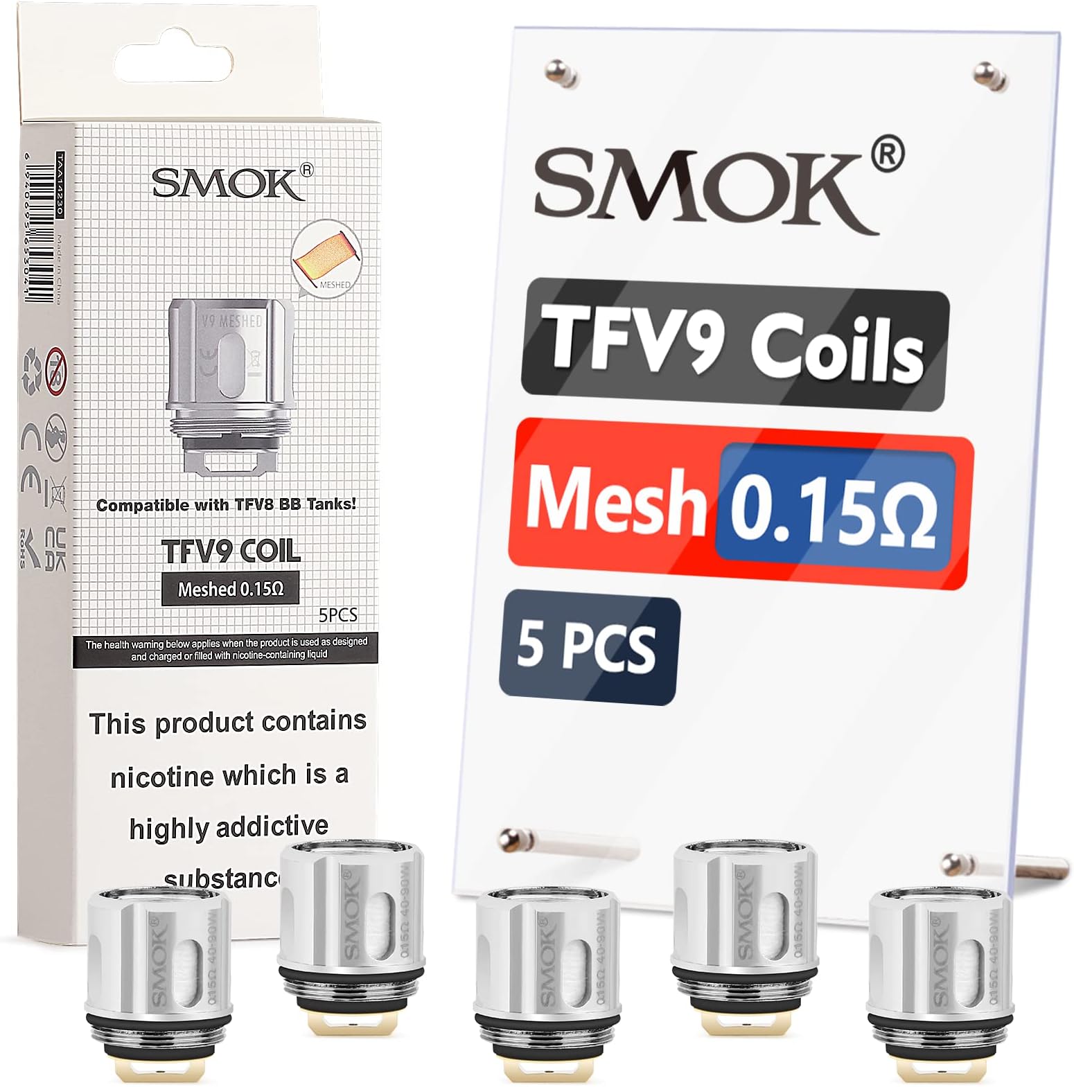 SMOK TFV9 Meshed 0.15ohm Coils, for TFV9 Tank, for TFV9 Mini Tank (5pcs, No Nicotine) AMZ UK Edition with Exclusive Barcode