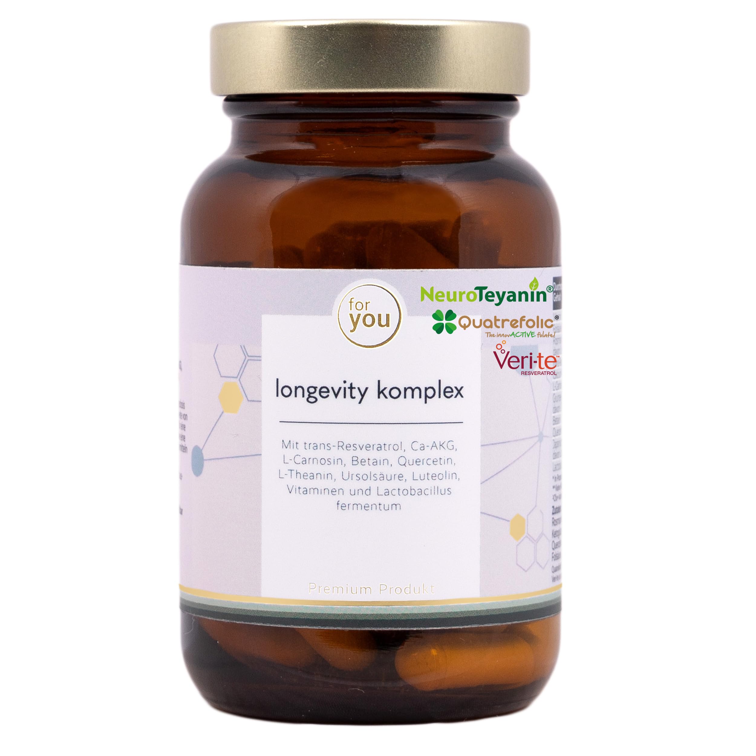 for you longevity komplex 60 Kapseln - Nahrungsergänzungsmittel mit 11 abgestimmten Longevity-Inhaltsstoffen - Mit den hochwertigen Markenrohstoffen NeuroTeyanin®, Veri-te™