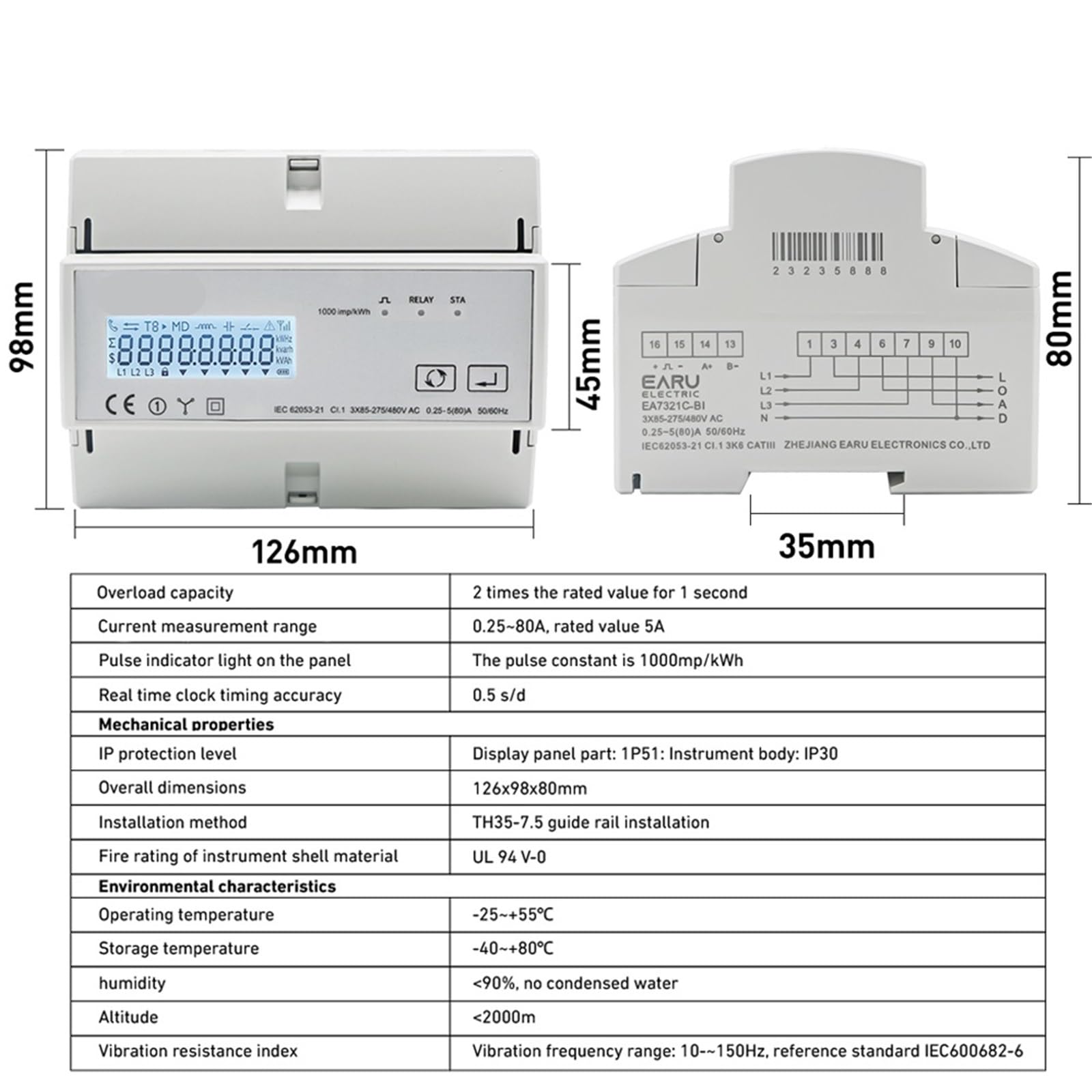 Compteur d'énergie triphasé bidirectionnel bidirectionnel KWh Moniteur Wattmètre Prise en Charge Modbus RTU 3 * 85/190V ou 230/400VAC(with G06 Hub)