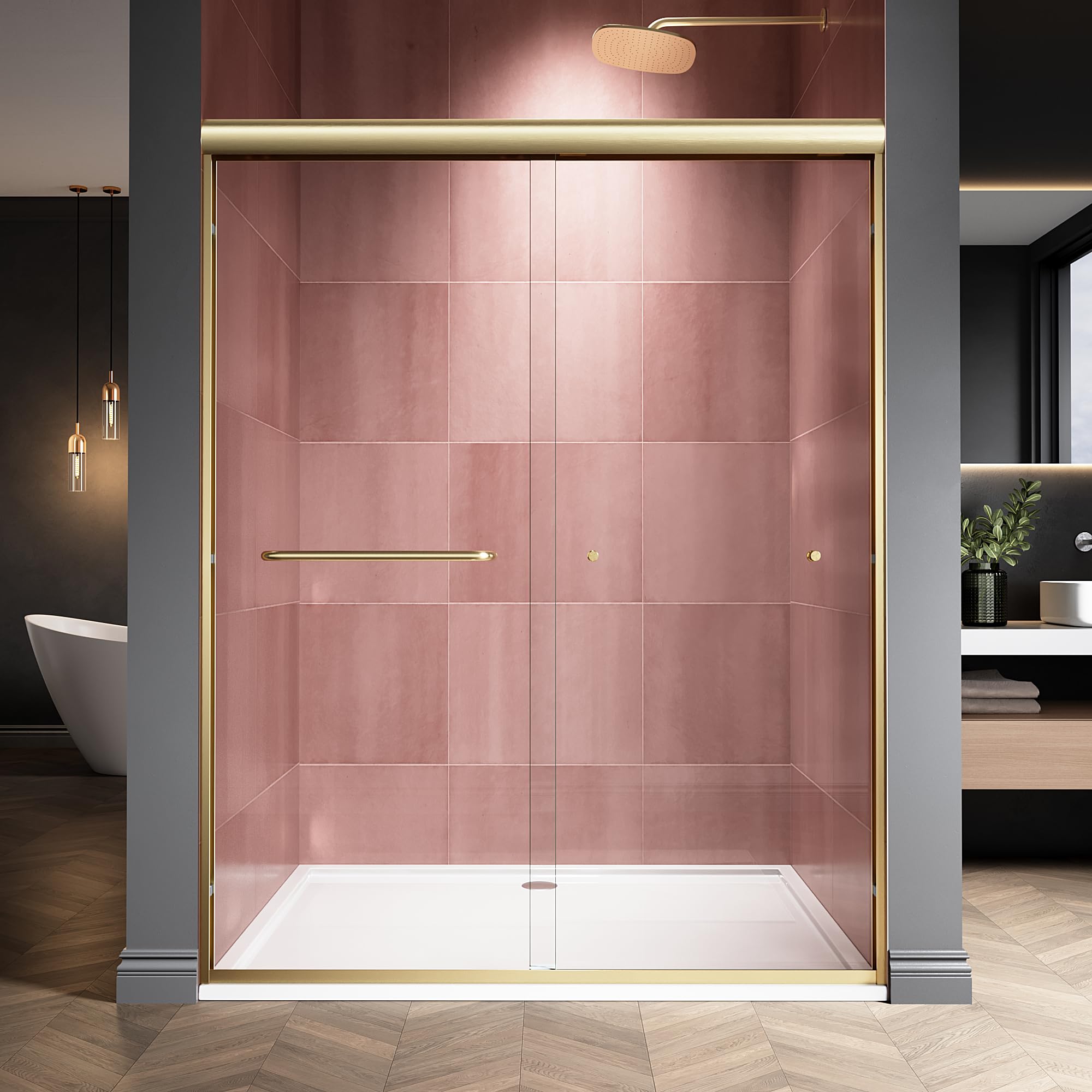 56-60" W x 76" H Semi-Frameless Double Sliding Glass Shower Door, 1/4" (6mm) Clear Tempered Glass, Bypass Sliding Shower Door for Bathroom, Easy to Clean (Brushed Gold, 60" W x 76" H)