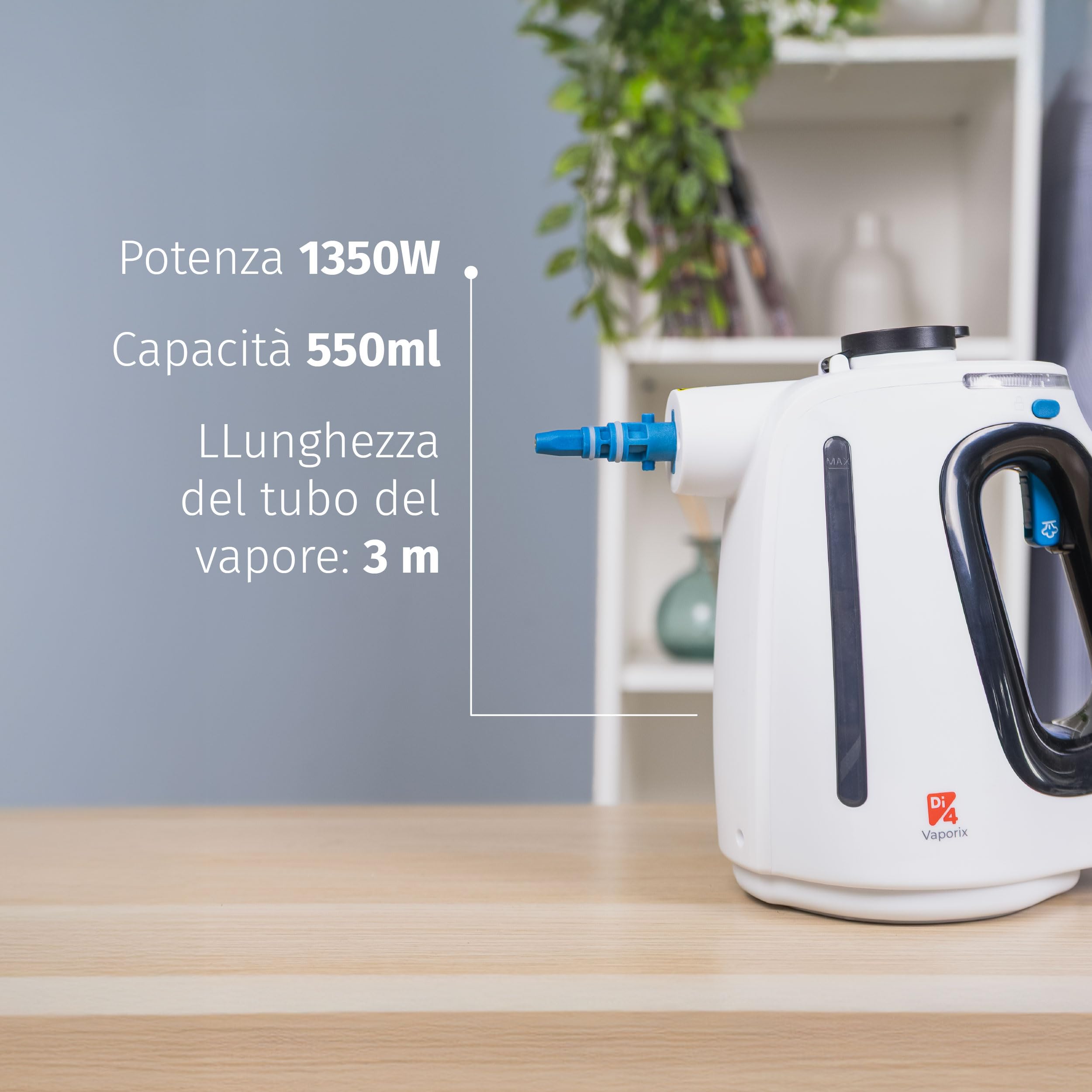 Di4 Vaporix Pulitore a Vapore Manuale 1350W, Vapore Continuo 32 g/min, Riscaldamento 30s, 16 min di Vapore, Serbatoio 550 ml, Pulitore a Vapore Multifunzione 9 Accessori, Tubo 3 m
