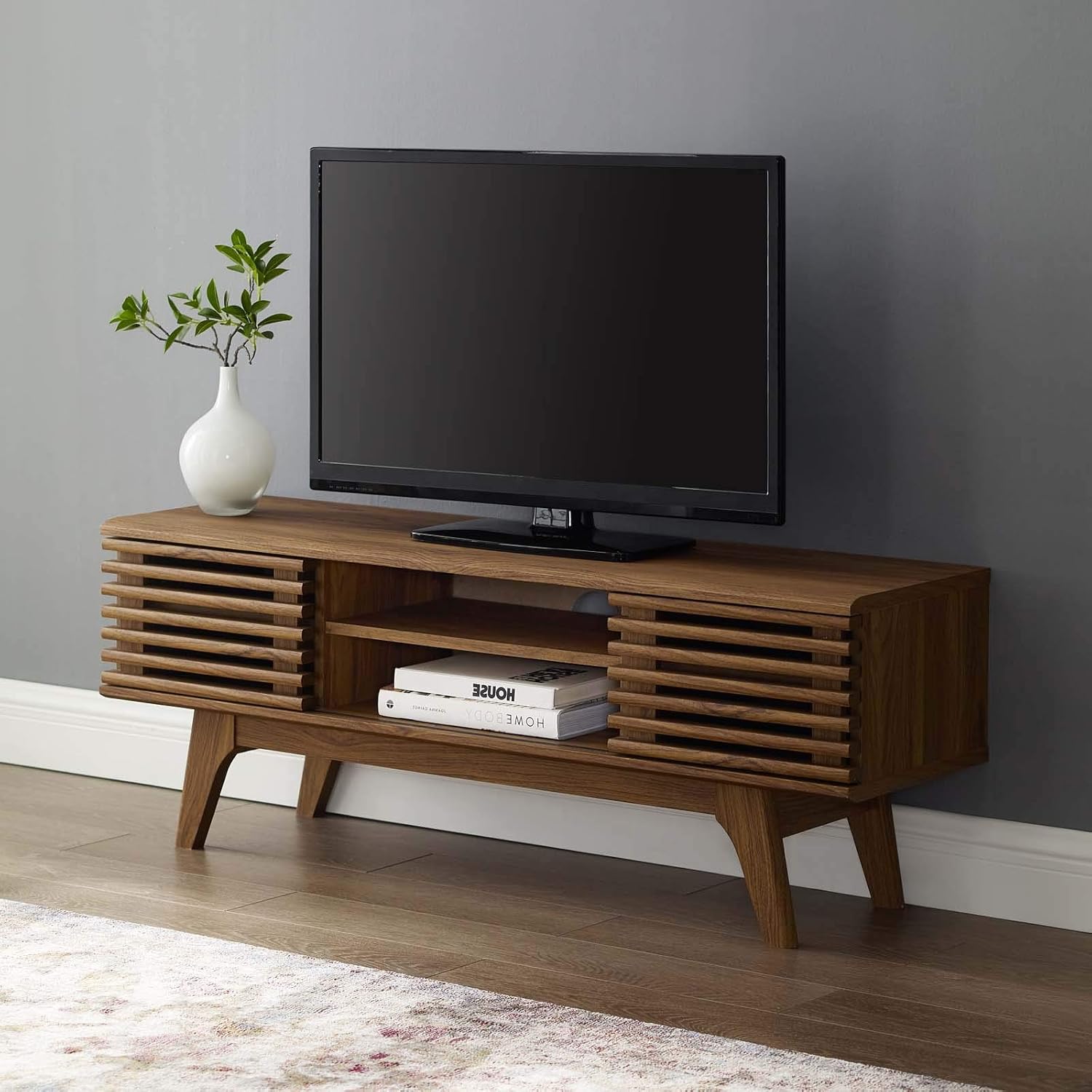 Contemporary Modern Living Room Lounge Lobby Media TV Stand Storage Set, Wood, Natural Walnut Brown