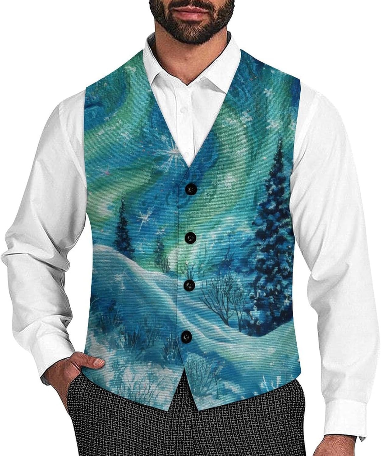 Starry Sky Snowflakes Borealis Snowy Men's Formal Suit Vest Slim Waistcoat for Business Tuxedo Dress