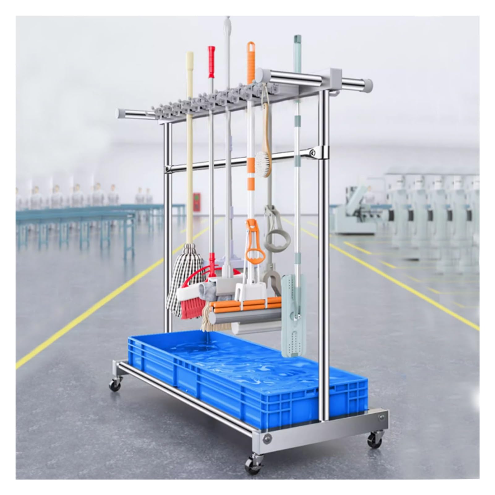 Commercial Movable Mop and Broom Holder Heavy Duty, Stainless Steel Large Cleaning Supplies Organizer Rack, Garden Kitchen Tool Storage System for Hospitals Property Companies ( Color : Blue , Size :