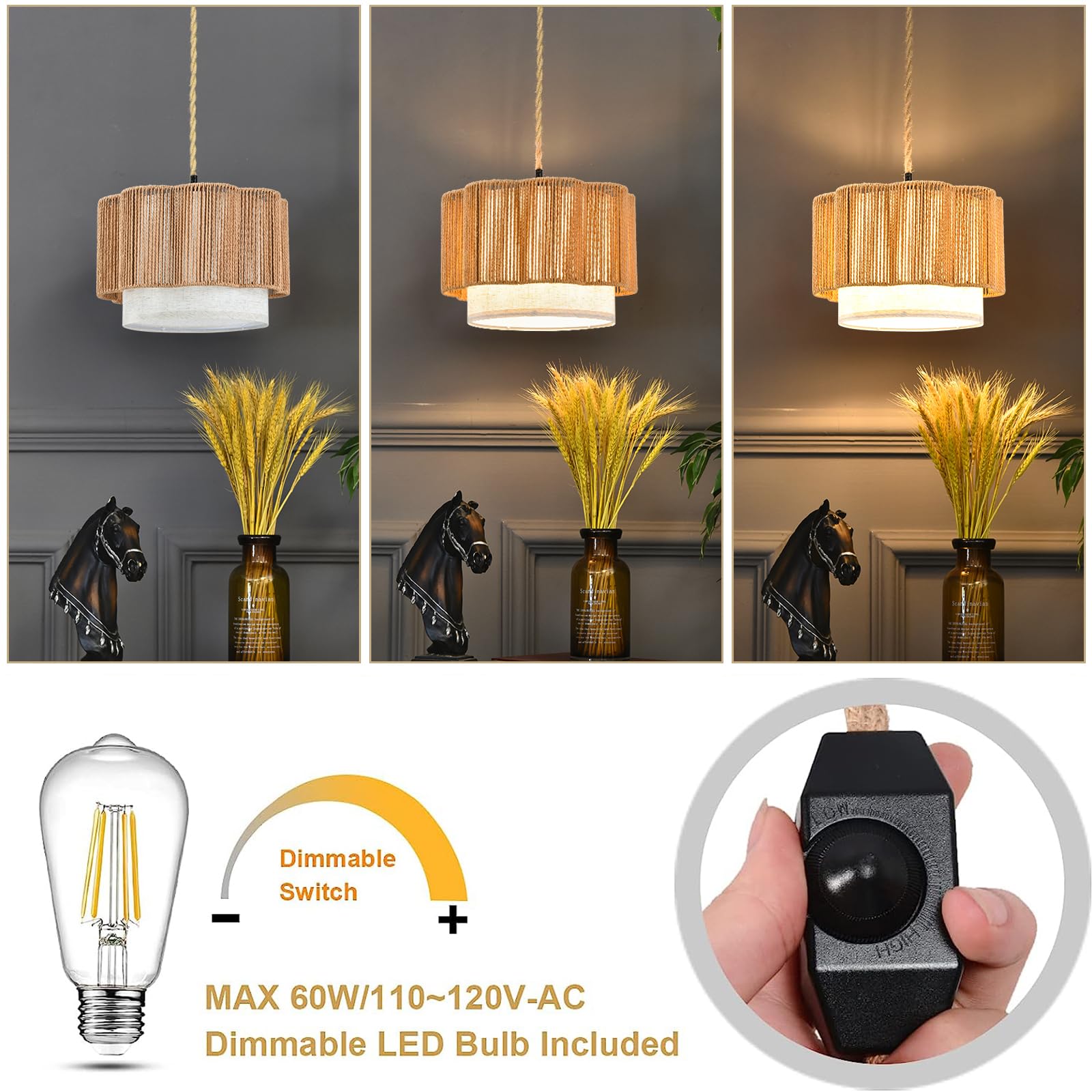 ILLMTW Plug in Pendant Light Hanging Lights with Plug in Cord,Dimmable Woven Rattan Hanging Lamp,Boho Pendant Lamp with Rattan&Fabric Shades,Farmhouse Plug in Light Fixtures for Living Room Bedroom