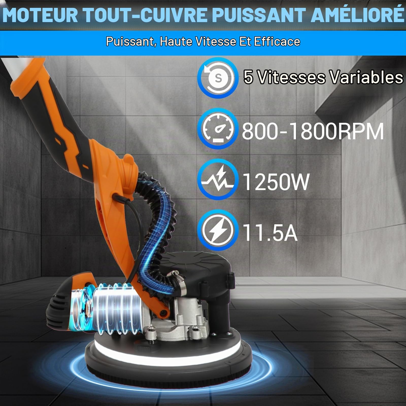 Ponceuse Girafe, 1250W Ponceuse Mur et Plafond, 5 Vitesses 800-1800tr/min, Tête Pivotante 360° LED, Aspiration Poussière 99,5%, Perche Télescopique, Pour Plâtre, Murs et Plafonds