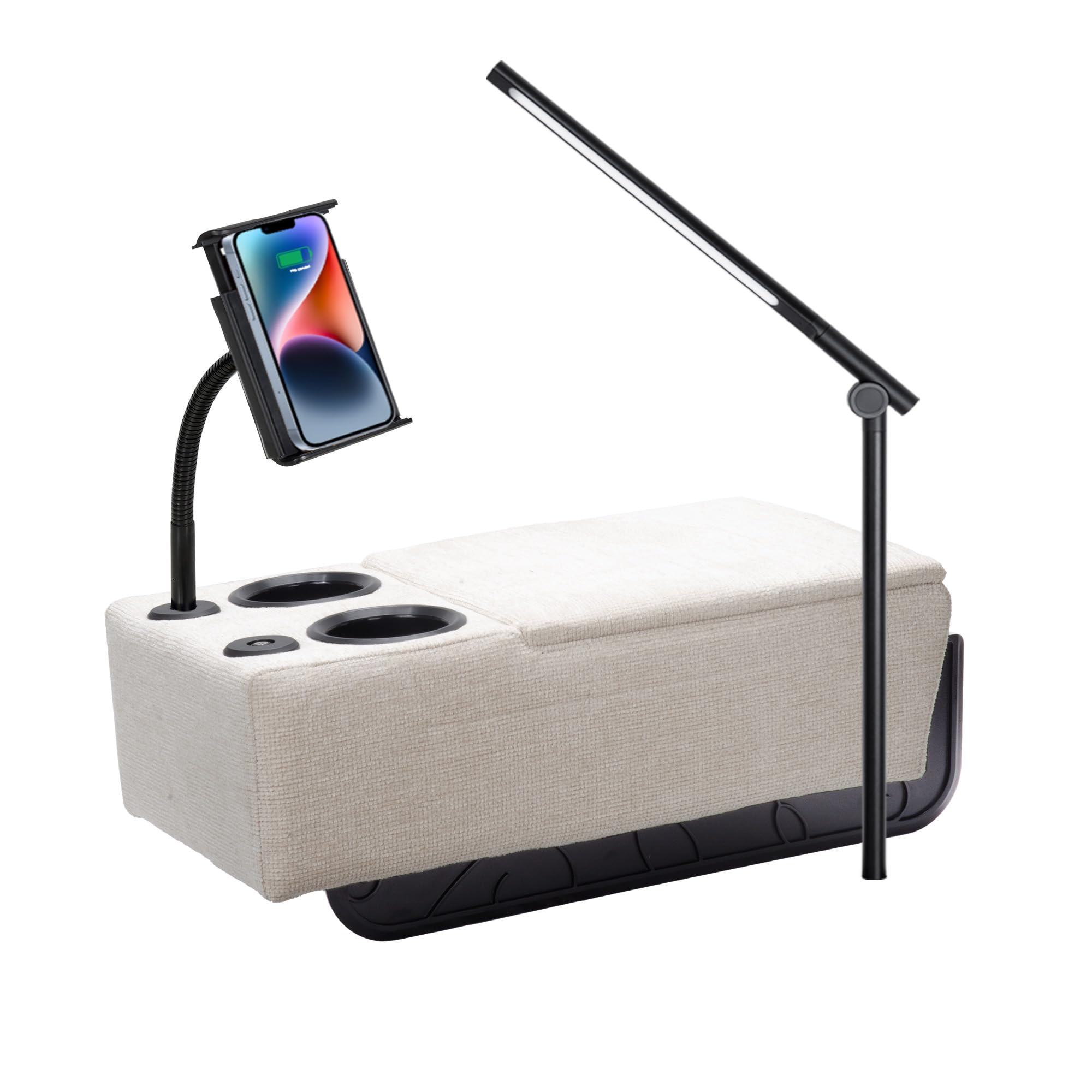 ARMRESTO Removable Sofa Armrest, Dual Cup Holders Large Size Multifunctional Couch Caddy Storage Arm Rest with Power Wireless Charging Stand & LED