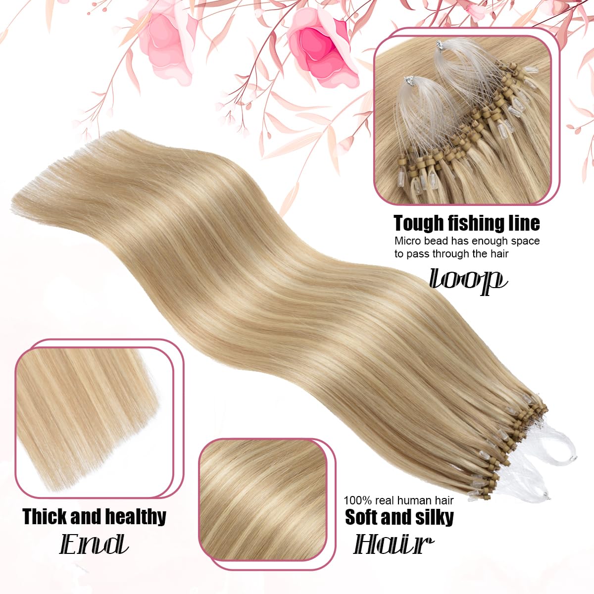 Micro Loop Human Hair Extensions Microbead Extensions Human Hair 16 Inch Highlights Color Ash Blonde to Bleach Blonde #18/613 Micro Link Hair Extensions 50g 1g/s