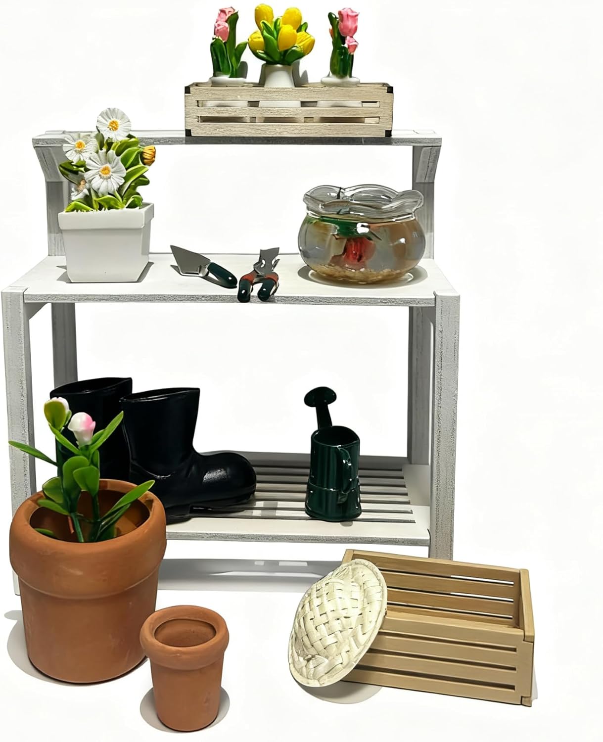 Miniature Dollhouse Garden Potting Bench Set, 1:12 Scale, with Tools, Flowers, Pots and Fish Bowl (Potting Bench)
