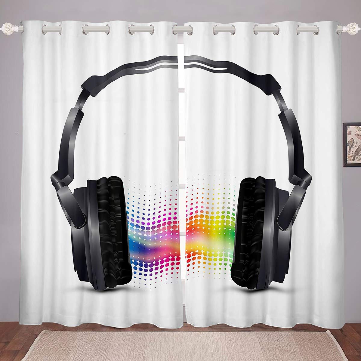 Headset Curtains for Bedroom Living Room Rock Music Theme Curtains for Kids Boys Girls 3D Headset Printed Windows Drapes Musical Room Decoration,W46*L72