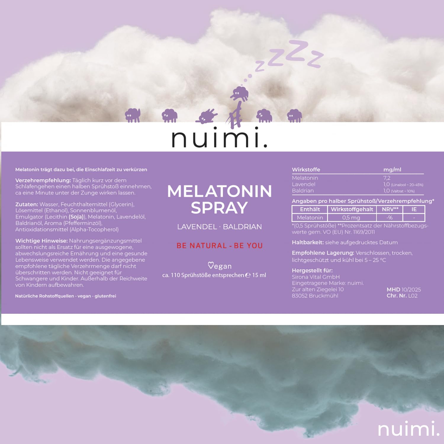 nuimi. Spray de melatonina | MHD CORTO | el doble de fuerte que productos similares | probado clínicamente y científicamente | sabor agradable | 110 días de stock | alta biodisponibilidad | vegano