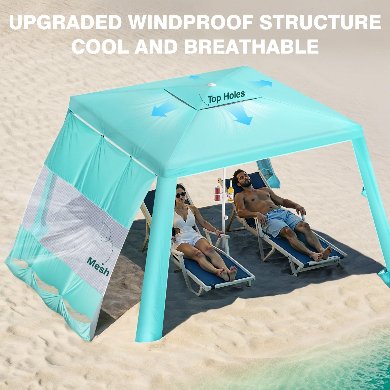 Rhino Valley Beach Cabana with Cup Holder, 8*8FT Foldable Beach Tent UPF50+ Protection, Windproof Stable Beach Canopy Easy Setup, Portable Beach Cabana Tent for Beach Camping with Family Friend, Green