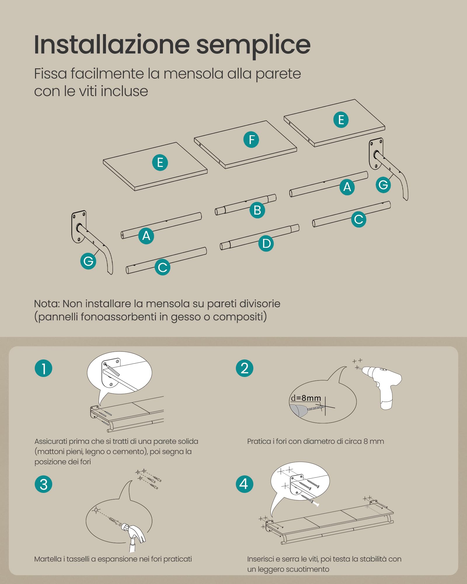 SONGMICS Appendiabiti da Parete, Barra Appendiabiti con Mensola da Muro, Portata Totale 35 kg, 28 x 109 x 13,2 cm, Camera da Letto Cabina Armadio, Beige Naturale e Bianco Nuvola HSR135W01