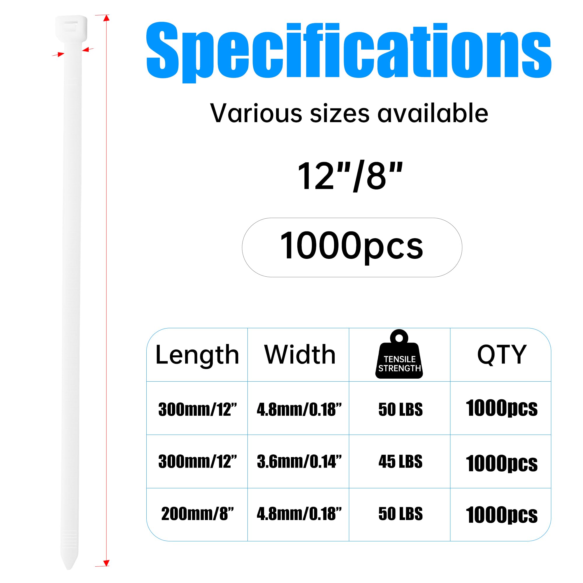 1000 Fascette Plastica Nere 200x4,8 Mm - Resistenza 23 Kg, Per Cavi, Giardino, Ufficio - Nylon 66, UV Resistente - Foto 4